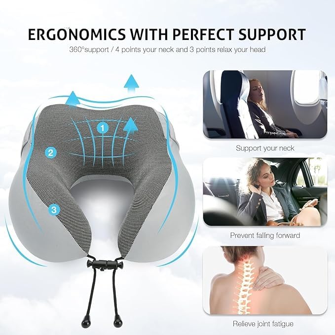 PIKFOS 2024 Memory Foam Travel Neck Pillow with Hood for Adults - Comfortable Airplane, Car & Train Travel Accessory - Perfect for Long Flights, Road Trips & Commuting
