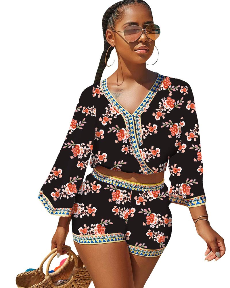Women's 2-Piece Outfit Summer Set - Boho Floral Print Crop Top & Shorts Romper | Casual Beachwear, Vacation Outfit, Street Style Fashion