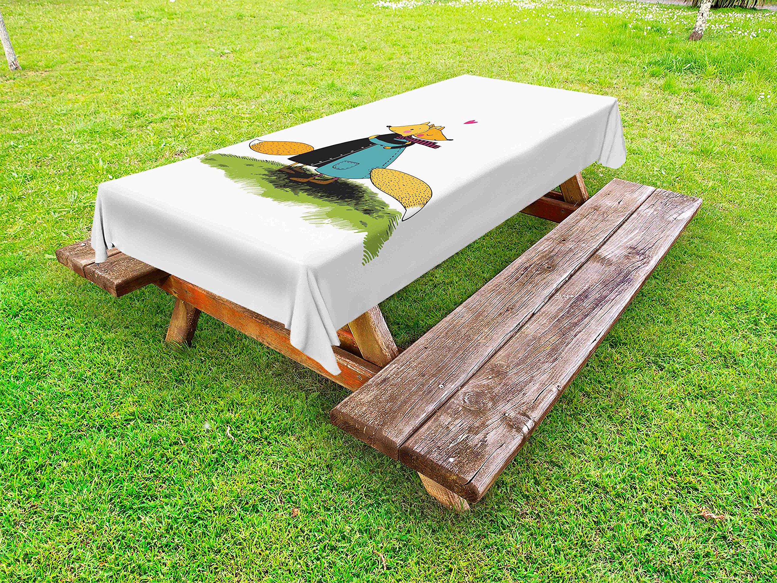 Ambesonne Fox Print Outdoor Tablecloth - Romantic Furry Forest Animal Design with Pink Hearts - Waterproof Washable Picnic Table Cover 58x104 Inches - Perfect for Backyard BBQs, Camping & Outdoor Parties