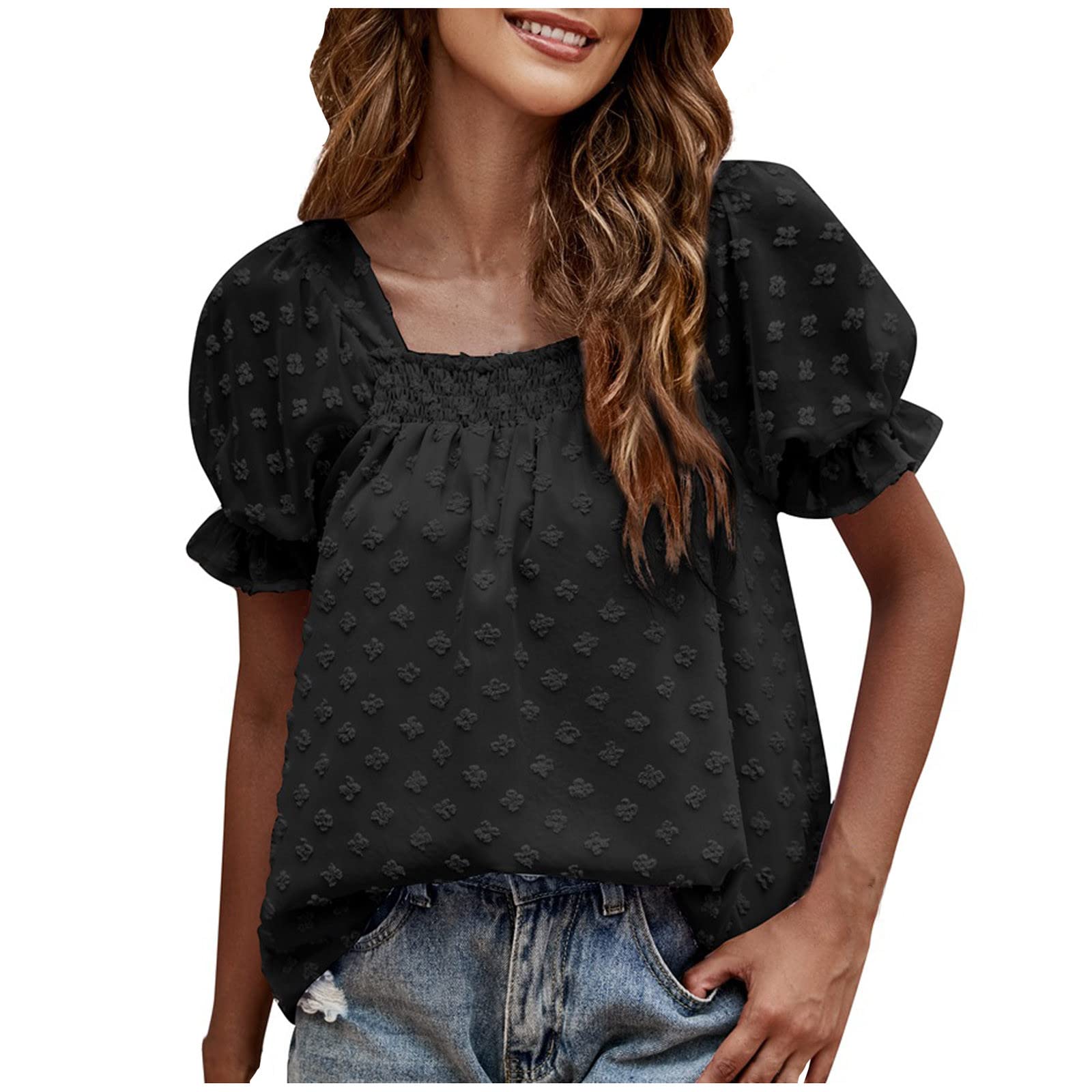 Elegant Women's Chiffon Blouse - Double Square Neck Short Sleeve Tunic Top for Work & Evening Wear - Black Large Size - Perfect for Office, Date Night & Special Occasions