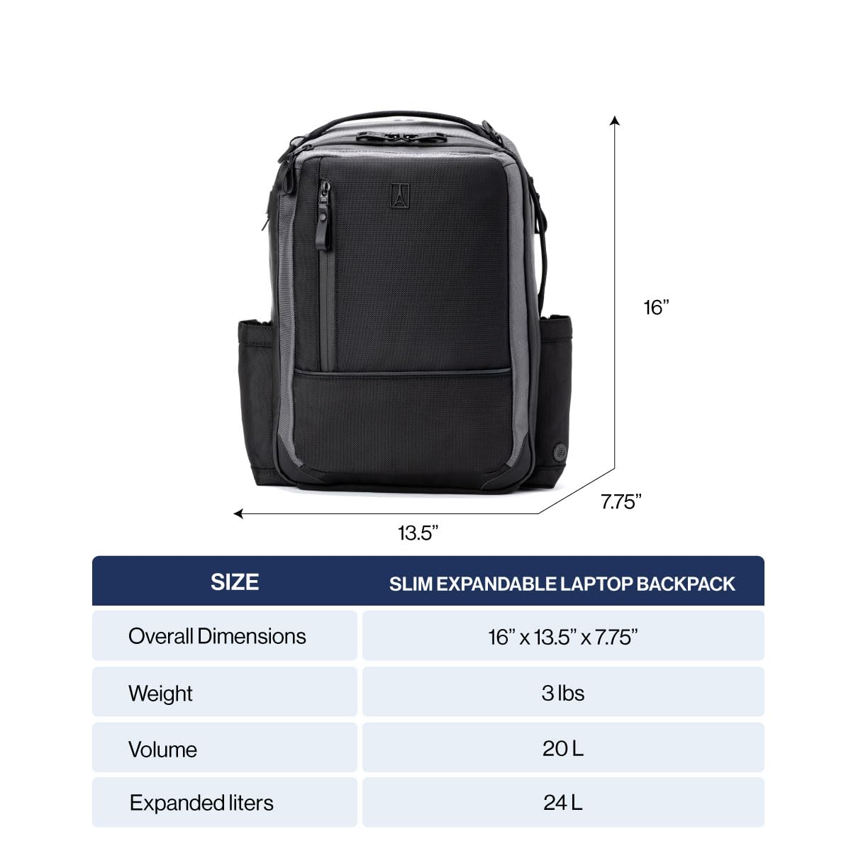 Travelpro Altitude Slim Expandable 20-24L Laptop Backpack for 16 Inch Laptop - Water Resistant Business Backpack for Men & Women - Perfect for Work, Travel & Commuting - Jet Black