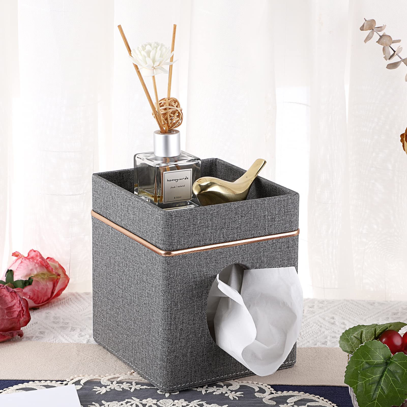 Sumnacon Square Linen Tissue Box Cover with Top Tray - Stylish Cube Tissue Holder for Bathroom, Living Room, Bedroom, Office & Car - Home Decor Accessory (Grey) | Perfect for Home, Office & Travel Use