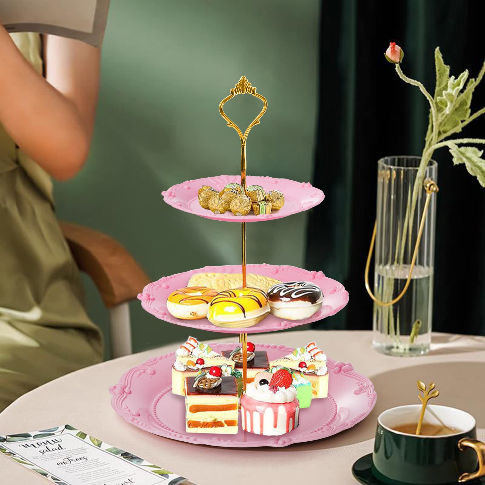 Fasmov 3-Pack 3-Tier Plastic Cupcake Stand - Reusable Dessert Display Tower for Cakes, Fruits & Candies | Perfect for Wedding, Birthday, Baby Shower & Tea Party Decorations (White, Pink, Green) - Elegant Dessert Serving Solution for Home, Bakery & Catering Events