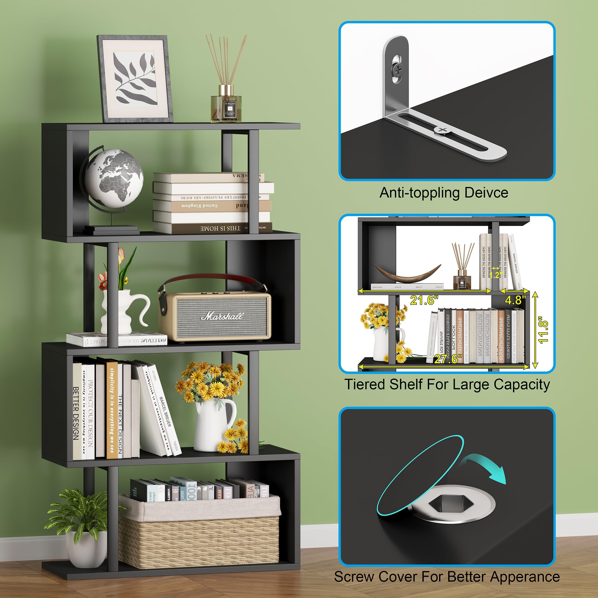 Yusong Geometric Bookcase - 4-Tier S-Shaped Bookshelf for Bedroom & Home Office, Modern Wooden Display Shelf for Books & Decor, Black - Perfect for Small Spaces & Stylish Storage Solutions