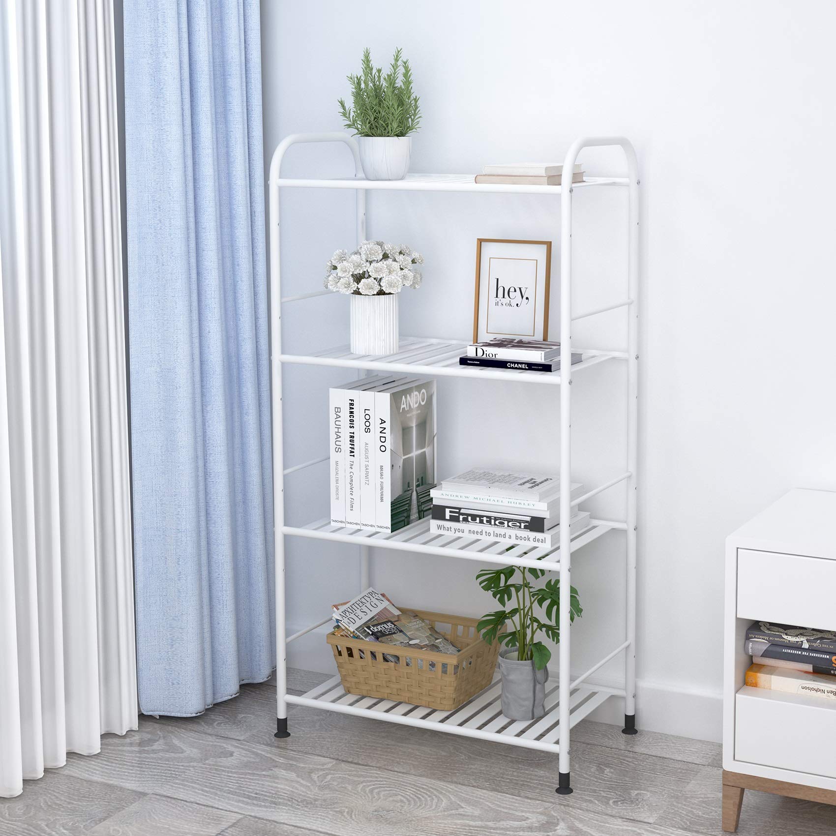 JSB 4-Tier Adjustable Metal Shelving Unit - Heavy Duty Storage Rack Organizer for Kitchen, Living Room, Laundry, Pantry & Bathroom - White Corner Shelf (Perfect for Small Spaces, Closet Organization & Home Storage Solutions)