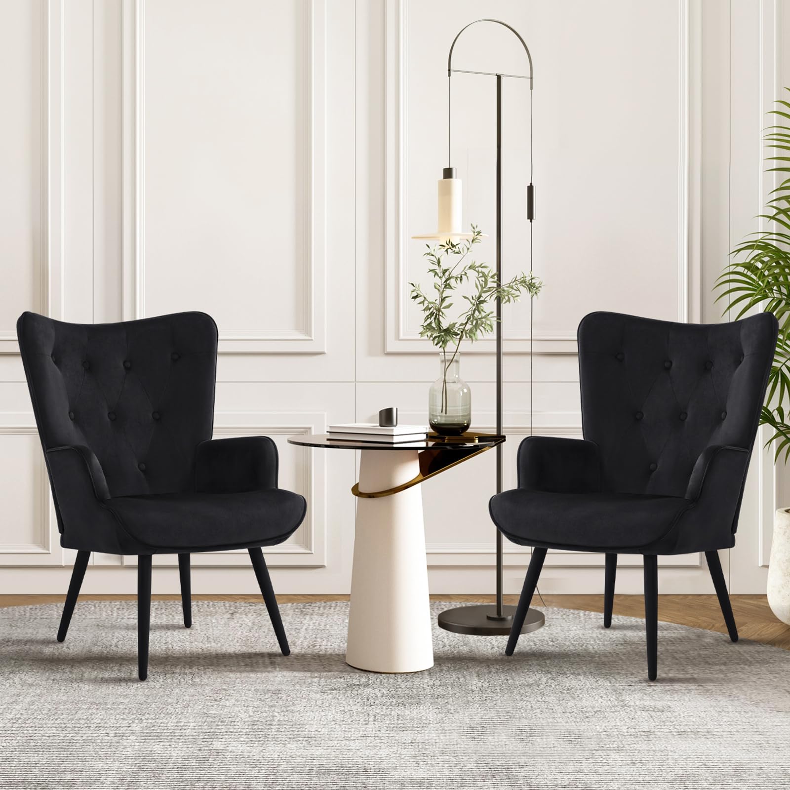 Furnimart Black Velvet Accent Chair - Mid Century Modern Living Room Armchair with Comfortable Cushion | Stylish Wingback Design for Office, Study, Bedroom, Vanity & Waiting Room | Perfect for Relaxing, Reading & Home Decor