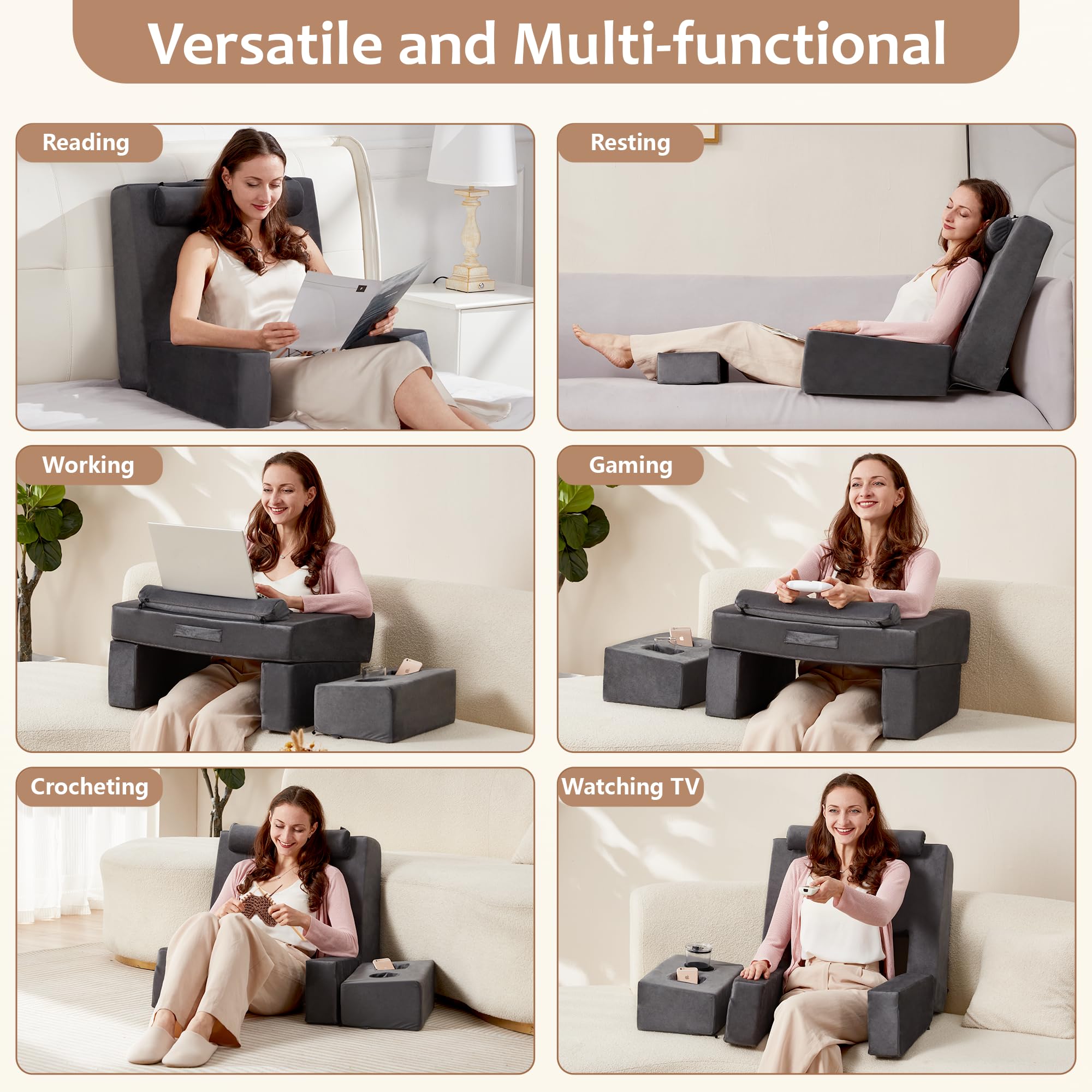 2-in-1 Reading Pillow with Armrest & Cup Holder - Ergonomic Back Support Cushion for Adults - Perfect for Bed, Couch & Floor Sitting - Ideal for Reading, Watching TV, Gaming & Relaxing (Dark Gray) - Great Gift for Book Lovers & Home Comfort