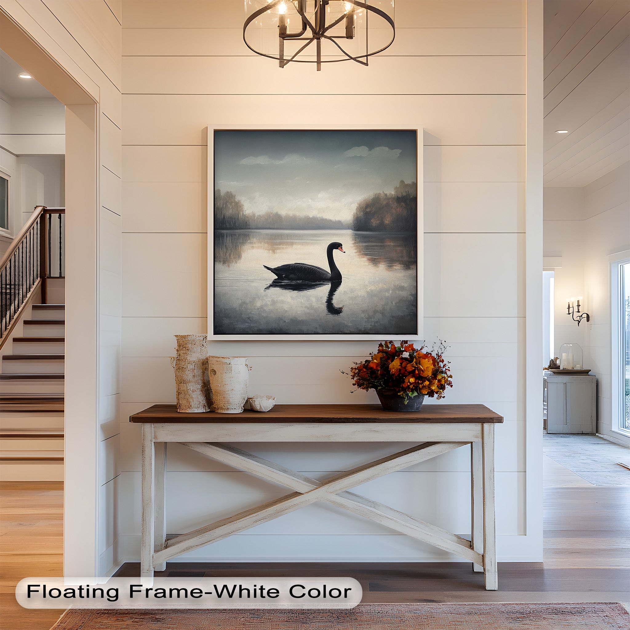 Black Swan at Dusk - Hand Painted Lake Landscape Oil Canvas Artwork - Perfect for Living Room, Bedroom, or Office Wall Decor