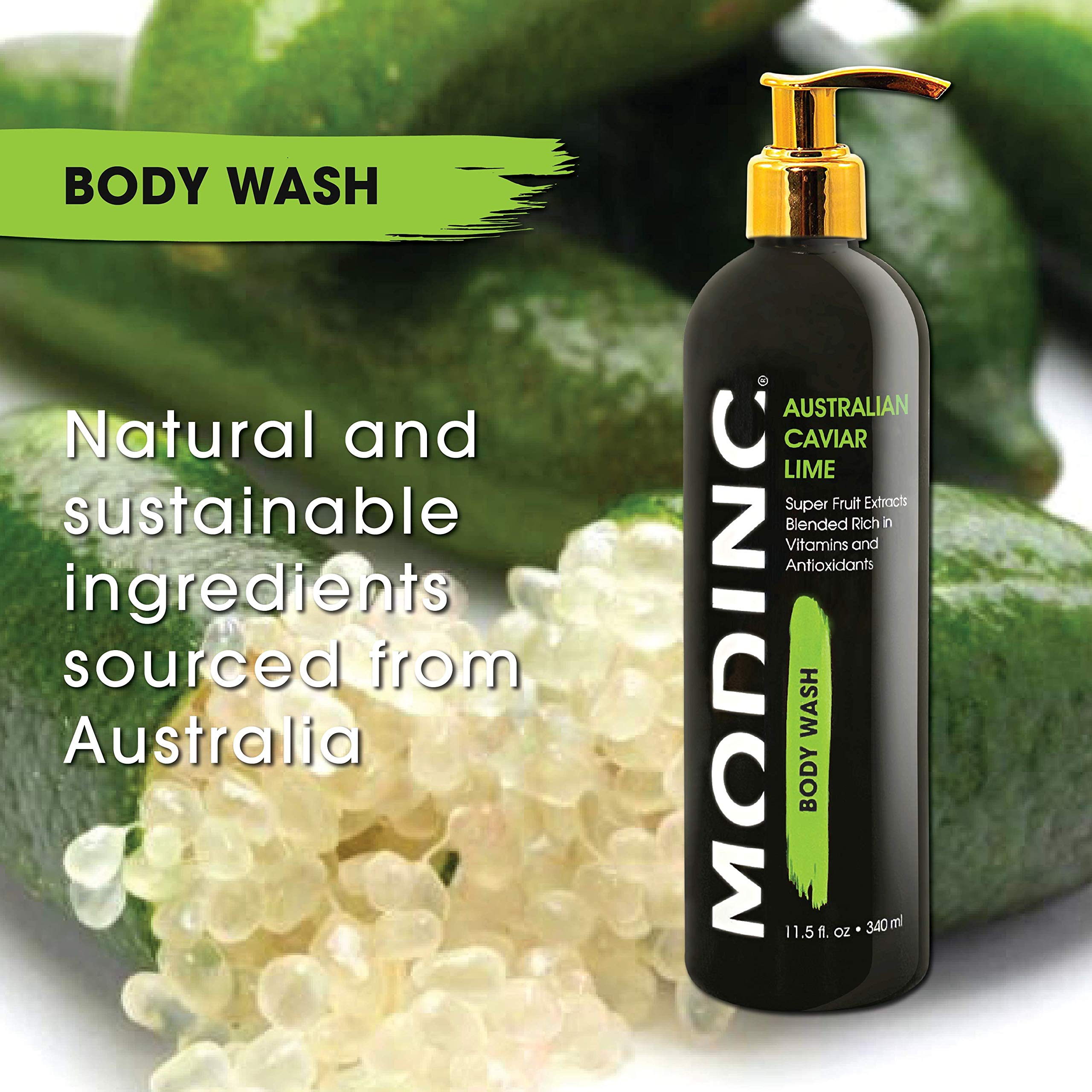 Premium Australian Caviar Lime Body Wash - Vitamin & Antioxidant Rich Superfruit Extracts, Vegan & Cruelty Free with Pump (11.5 oz) for Spa-Like Luxury at Home
