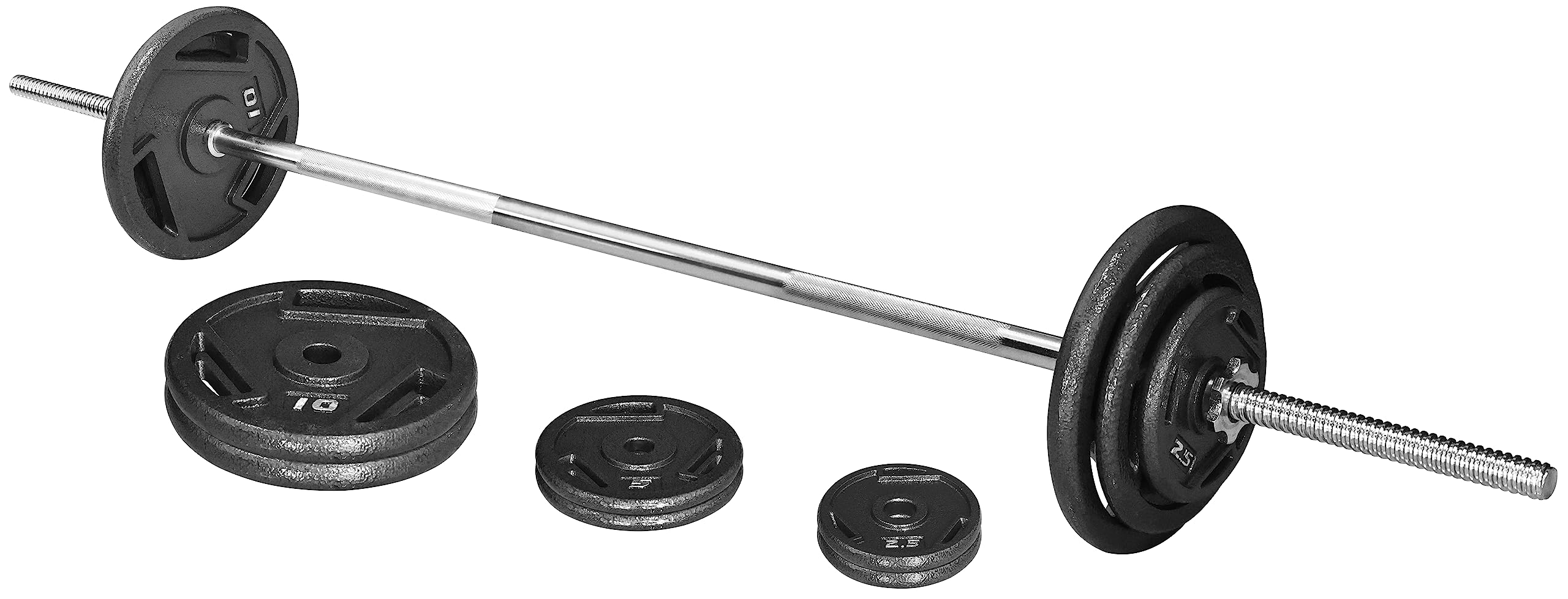 Cast Iron Standard Weight Plates 45-Pound Set (35lbs Plates + 10lbs Barbell) with 5FT Standard Barbell & Star Locks - Strength Training Equipment for Home Gym, CrossFit, Powerlifting & Weightlifting Workouts