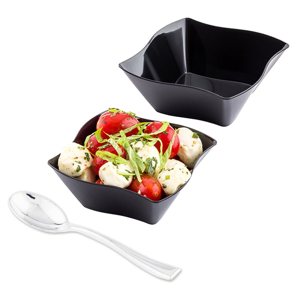 100 Pack 6 oz Square Black Plastic Aqua Bowls with 100 Silver Mini Spoons - Perfect for Parties, Catering, and Dessert Serving