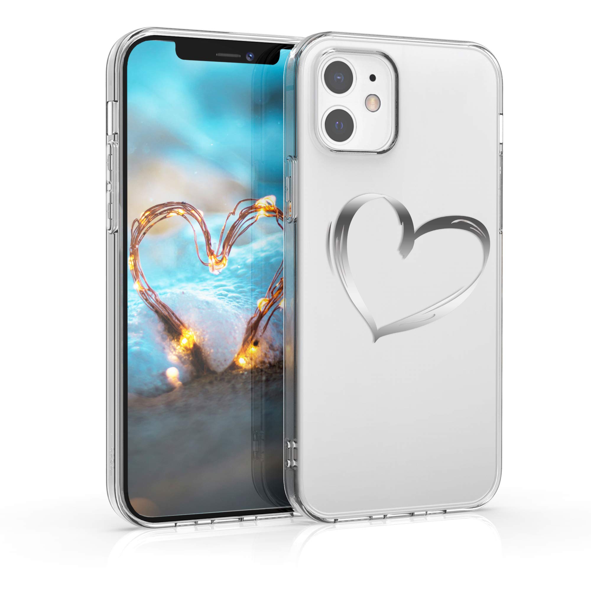 kwmobile Premium TPU Case for Apple iPhone 12/12 Pro - Shockproof Slim Protective Phone Cover - Brushed Heart Silver/Transparent Design - Perfect for Everyday Use, Work & Travel Protection
