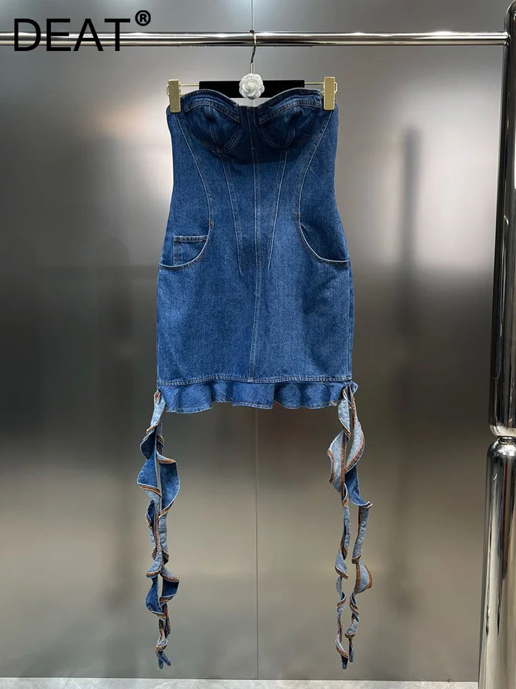 Trendy Strapless Denim Dress for Women with Waist Pocket & Spiral Decoration - Back Zipper Spring Fashion | Casual Outing, Date Night, Summer Party Wear