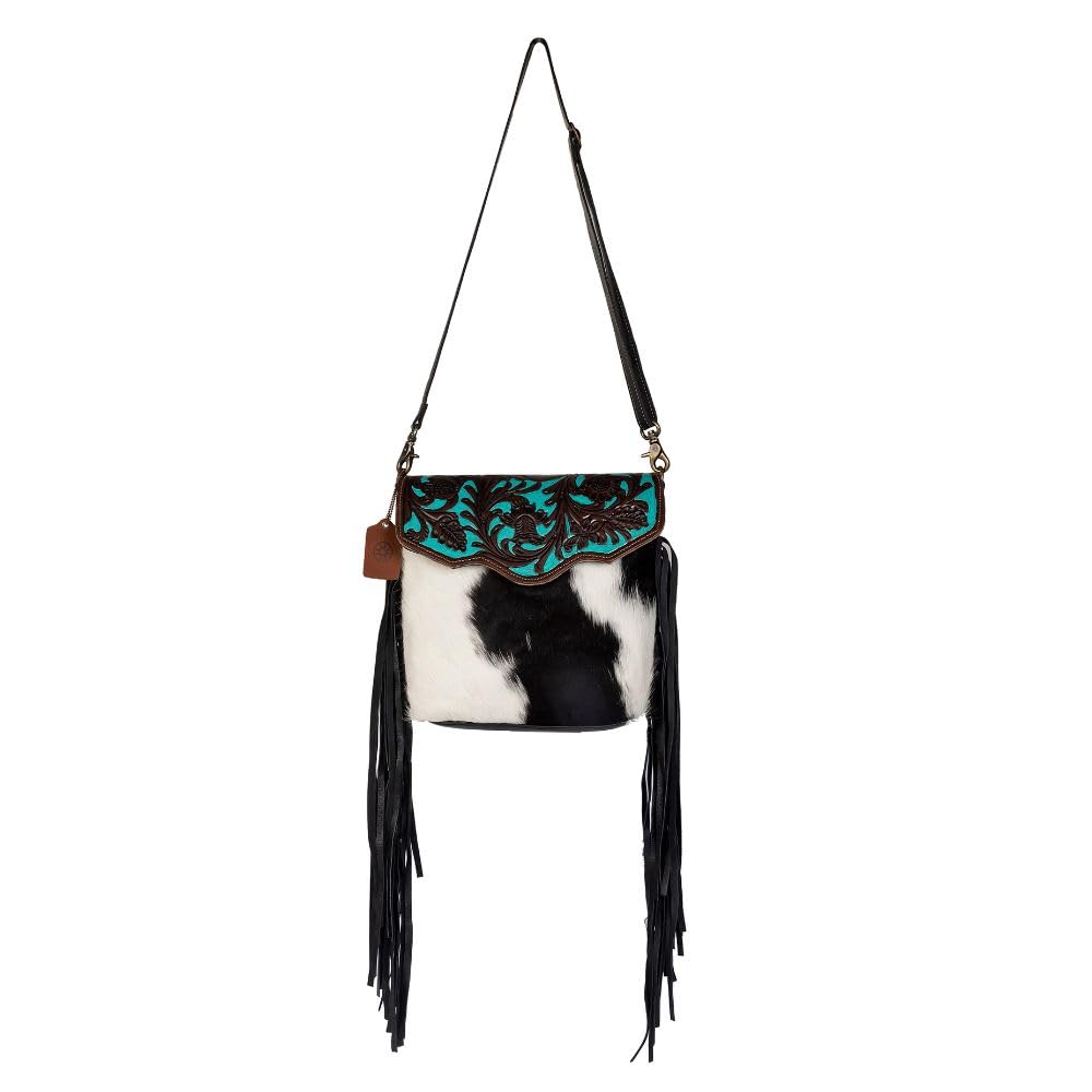 Myra Aqua Hand-Tooled Leather Bag - Women's Upcycled Cotton & Cowhide Purse for Casual Outings
