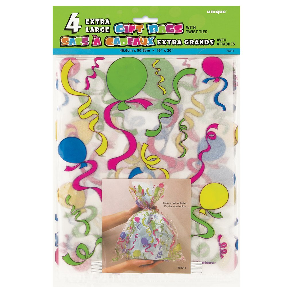 Large Balloons & Streamers Cellophane Gift Bags, 4 Pack - Perfect for Birthday Parties, Baby Showers & Wedding Decorations