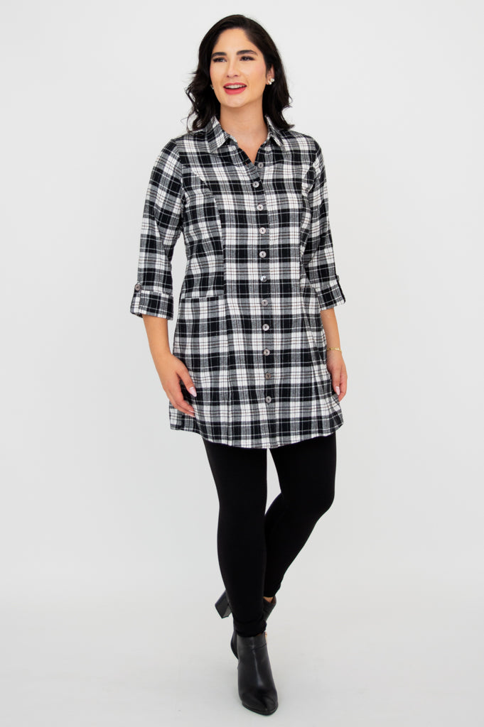 Larissa Tunic Top - Stylish Bobcat Plaid Cotton Blouse for Women | Perfect for Casual Outings, Office Wear & Fall Fashion