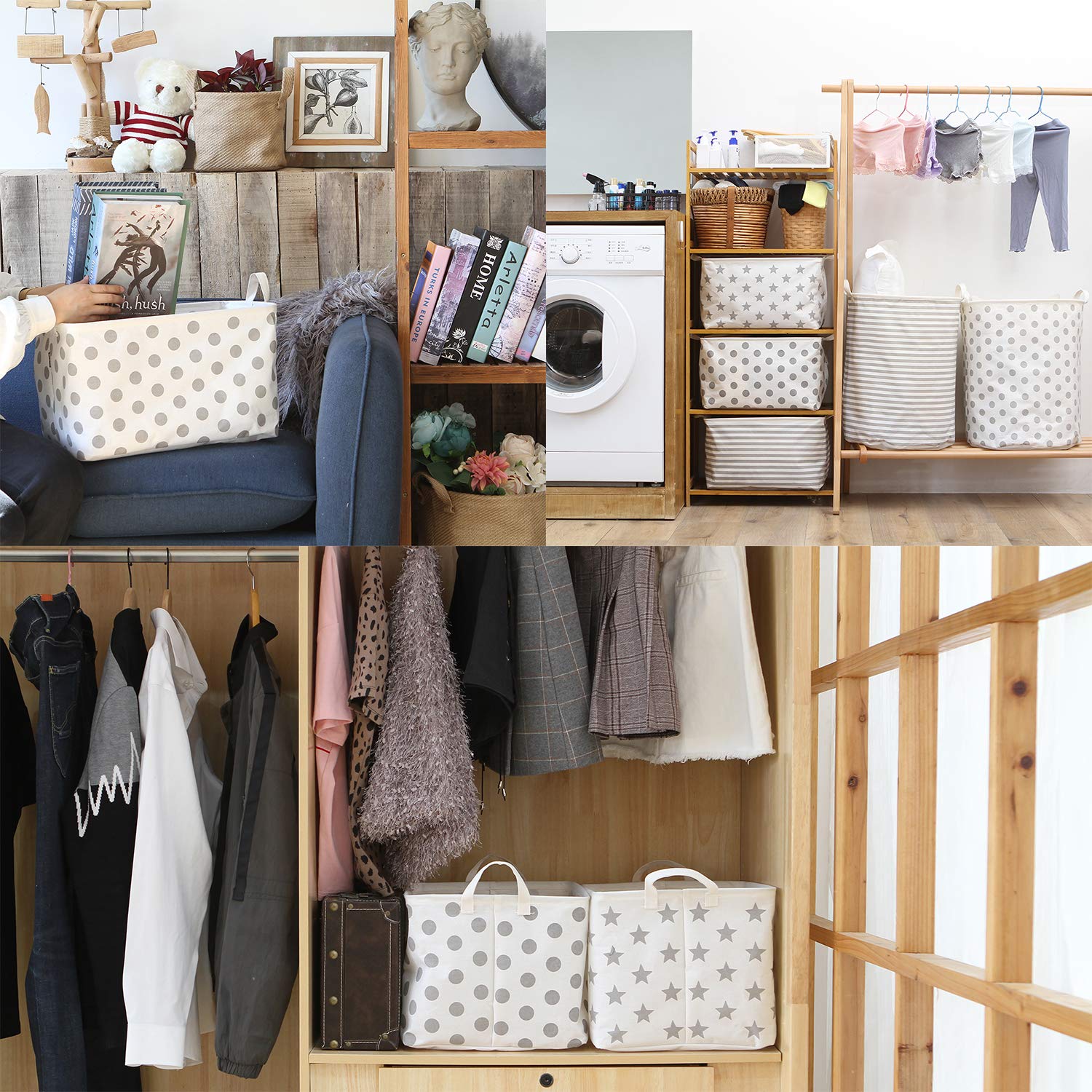 Collapsible Canvas Storage Basket with Handles - Foldable Waterproof Fabric Bin for Closet, Shelf, and Home Organization - 16.5 x 11.8 x 9.8 Inches Grey Dot Storage Box - Perfect for Toys, Laundry, and Bedroom Decor
