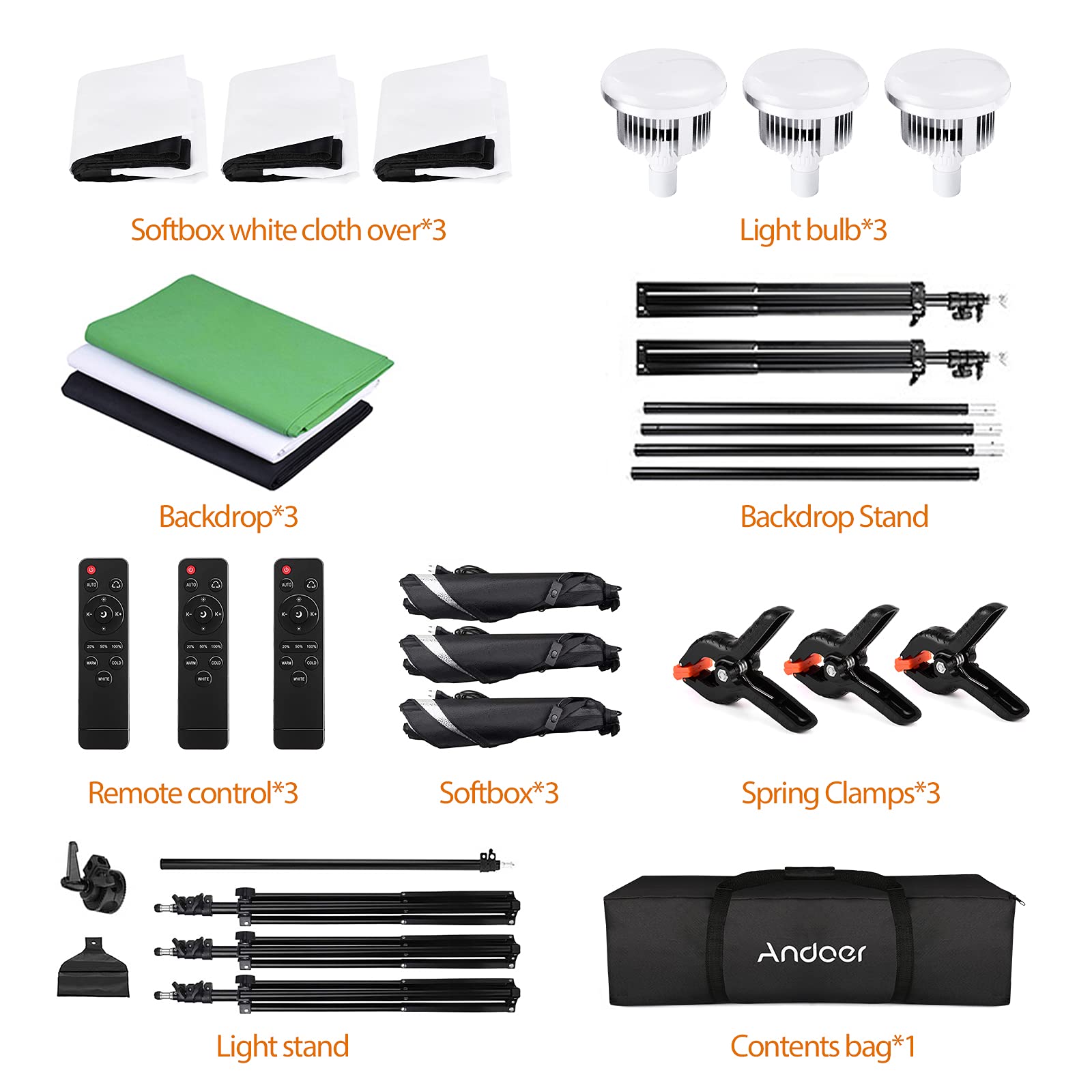Andoer Professional 85W Bi-Color LED Softbox Lighting Kit (2800K-5700K) - 3 Softboxes, 3 Light Stands, Boom Arm, Remote Control & Backdrop Set for Photography, YouTube Videos, Product Shooting and Studio Lighting
