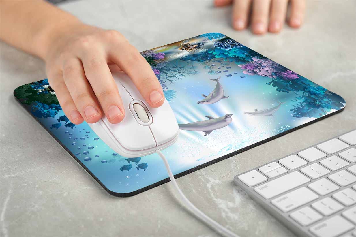 Premium Non-Slip Rubber Base Mouse Pad - Dolphin & Tropical Fish Ocean Theme 7.9