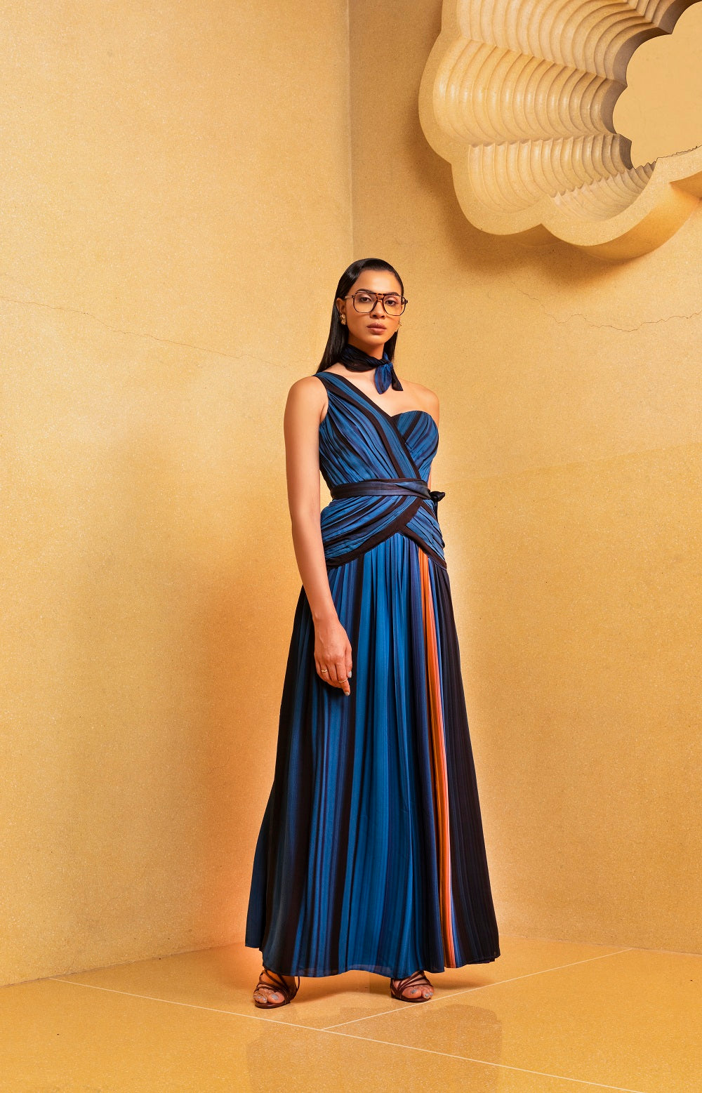 Elegant One Shoulder Pleated Dress with Midnight Stroke Print - Perfect for Evening Parties, Cocktail Events & Date Nights