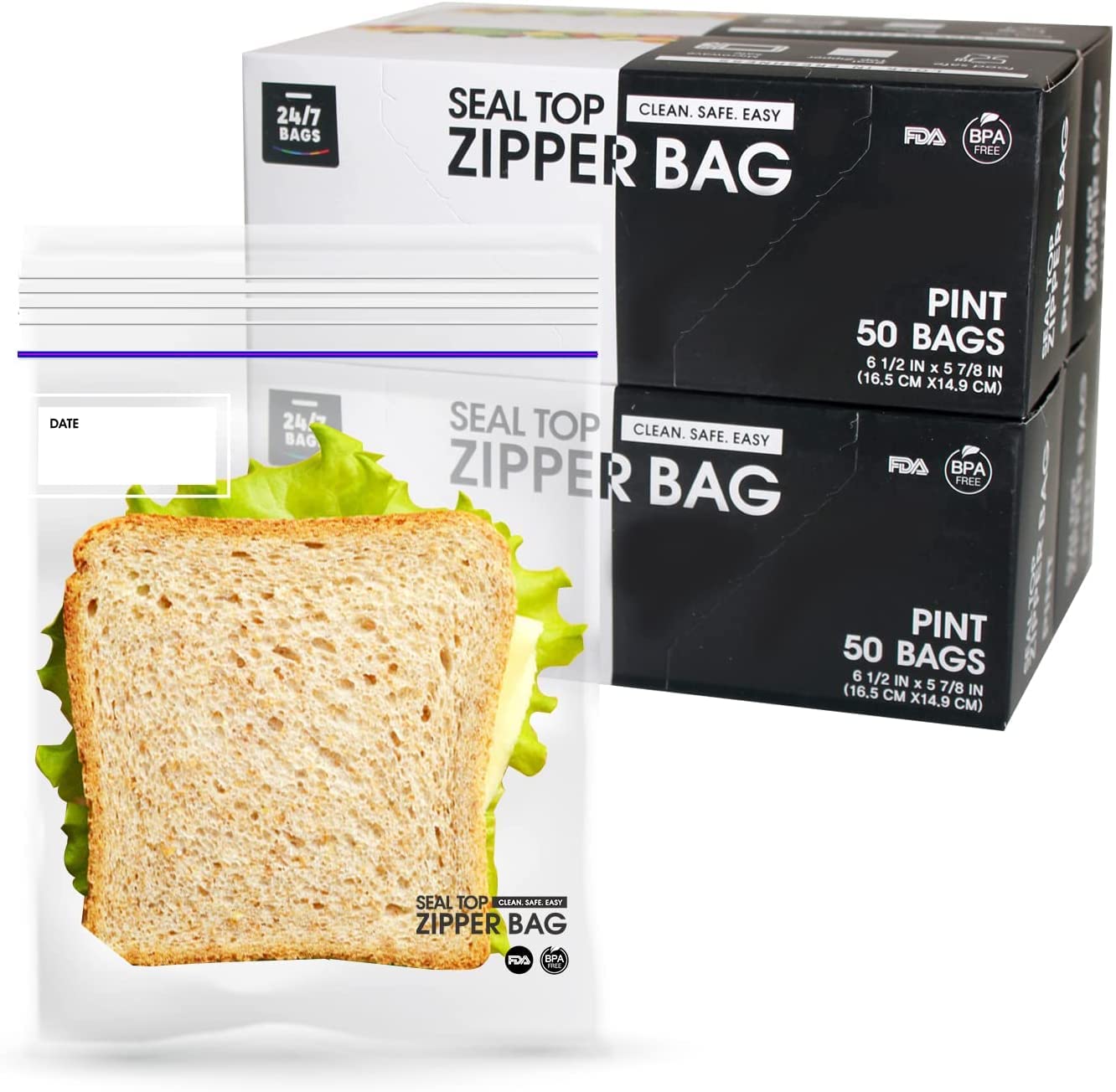 24/7 Bags - 200 Count Resealable Zipper Sandwich Bags, Microwave-Safe & BPA-Free Food Storage Bags (4 Boxes) - Perfect for School Lunches, Meal Prep, and Leftovers