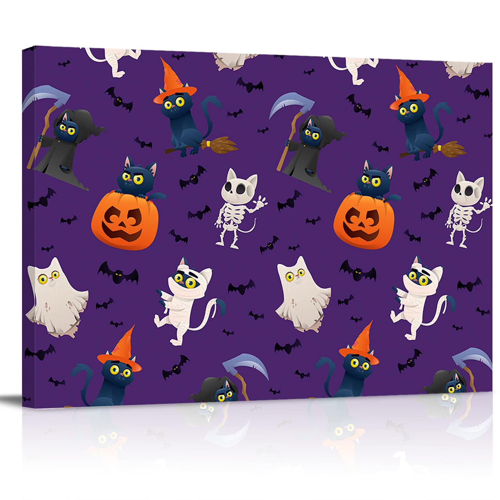 Halloween Purple Cat Mummy Ghost Pumpkin Canvas Wall Art - Framed & Stretched Ready to Hang - Spooky Bathroom & Bedroom Decor for Home, Office or Party
