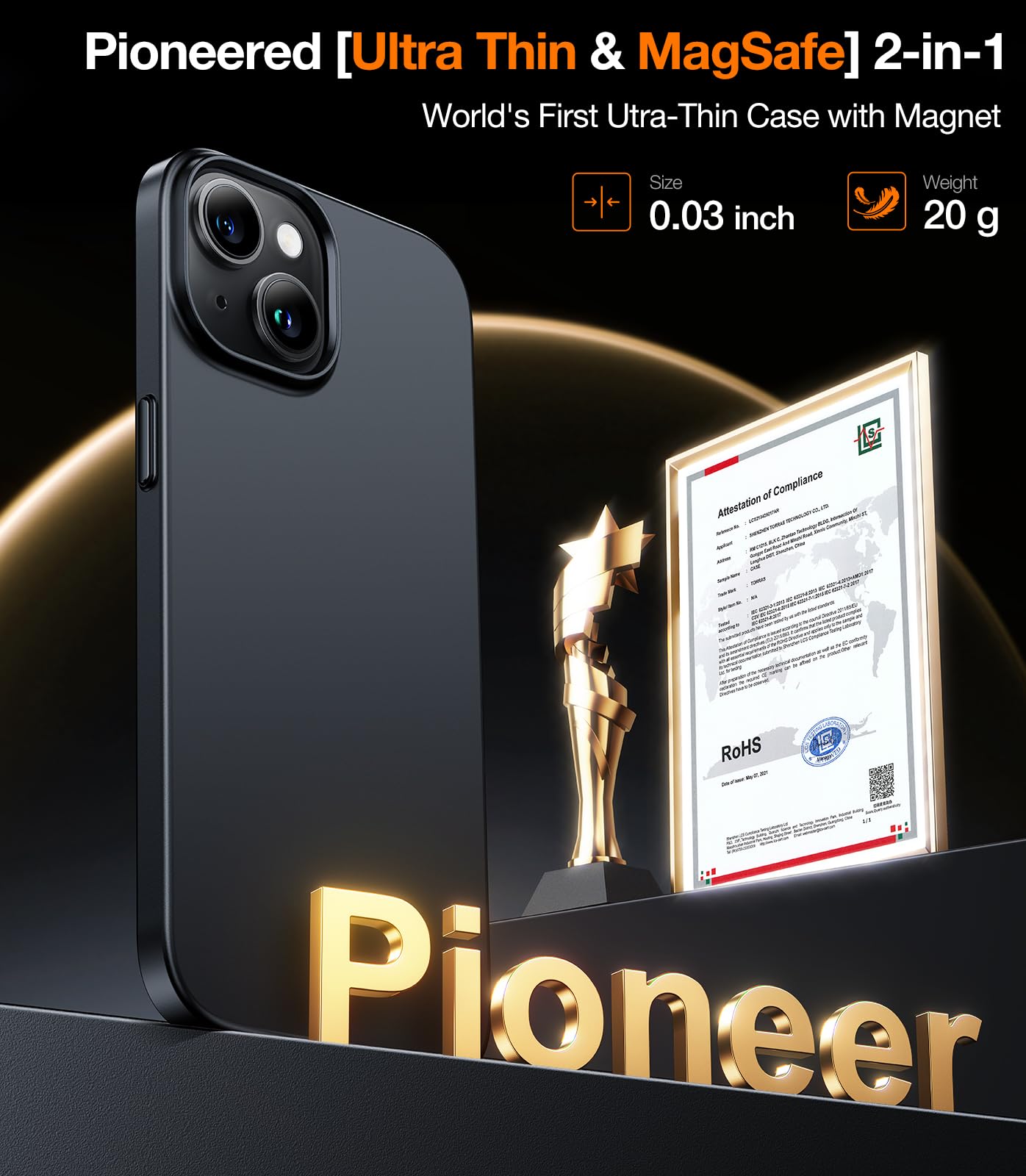 TORRAS Ultra Thin Magnetic Case for iPhone 15 with MagSafe - 19N Strong Magnetic Force, Slim & Invisible Design, Velvety Grip - Hard Protective Phone Cover (Black) | Perfect for Everyday Use, Office & Travel Protection