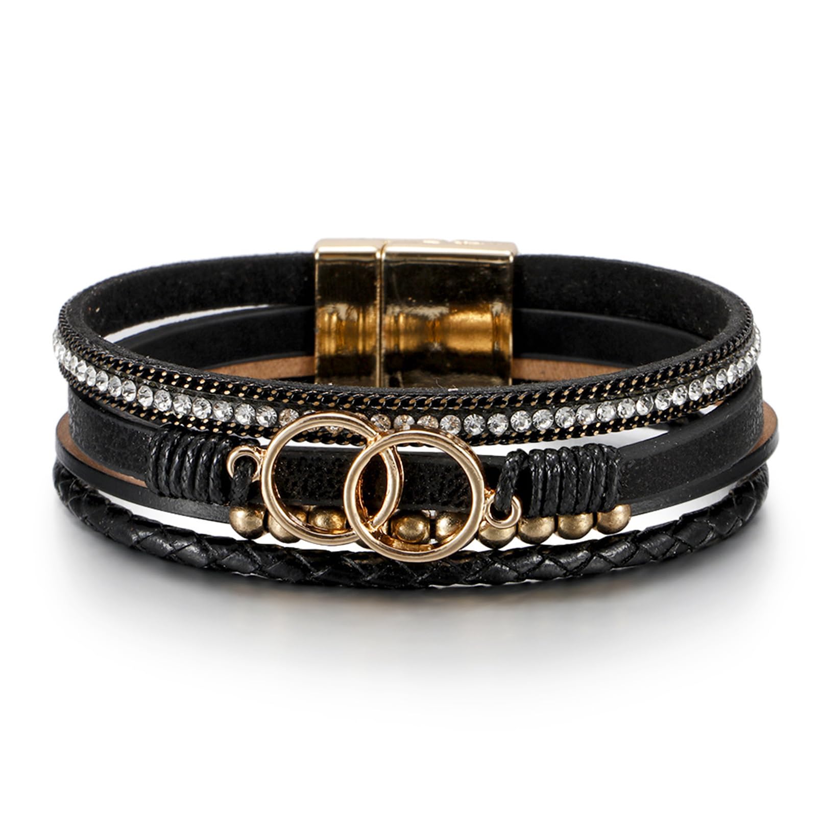LSxAB Gold Tone Multi-Layer Leather Wrap Bracelet for Women - Bohemian Braided Wristbands for Girls, Birthday Gift, Fashion Jewelry Accessories | Perfect for Casual Wear, Parties, and Everyday Style