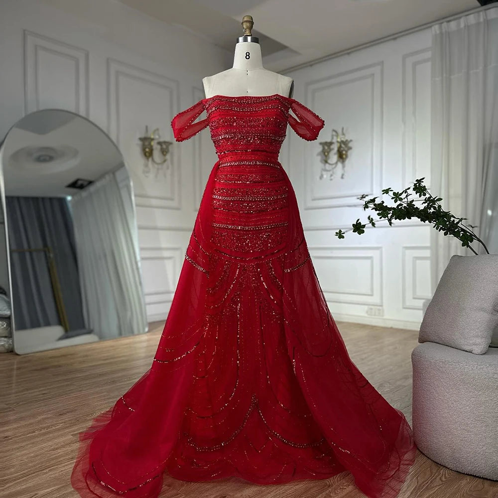 Elegant Dubai Arabic Pink Mermaid Beaded Evening Gown with Detachable Satin Overskirt - Formal Dress for Weddings, Galas & Special Occasions LA72781