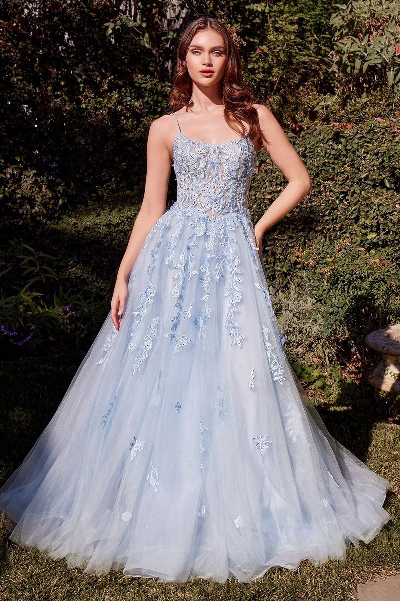 Andrea & Leo Women's Light Blue Leaf Motif Appliqued A-Line Dress - Perfect for Summer Parties, Weddings & Casual Outings