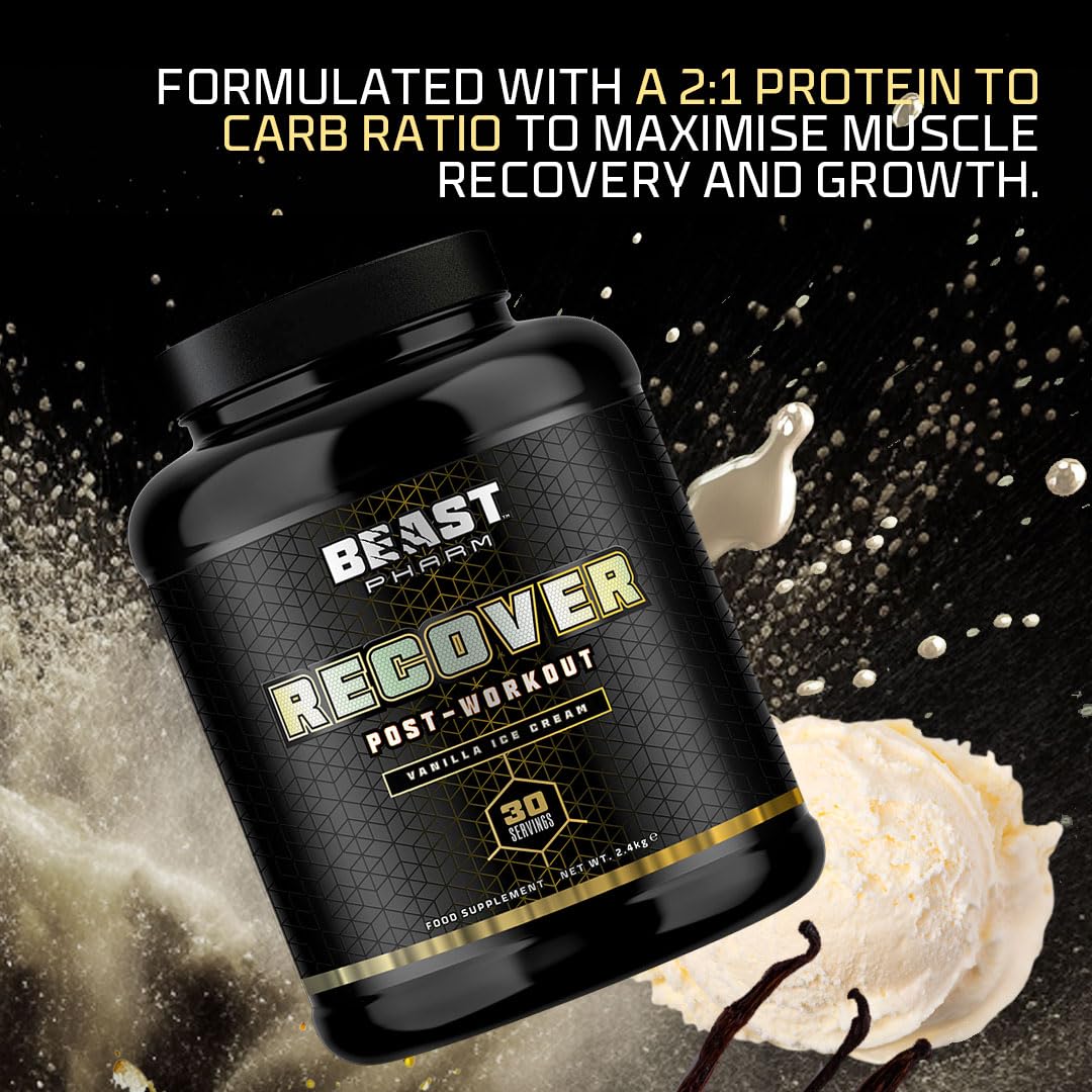 Beast Pharm Recover Post Workout Supplement - 5.3lb Vanilla Ice Cream Protein Powder for Muscle Recovery & Growth | Ideal for Gym, Fitness & Bodybuilding
