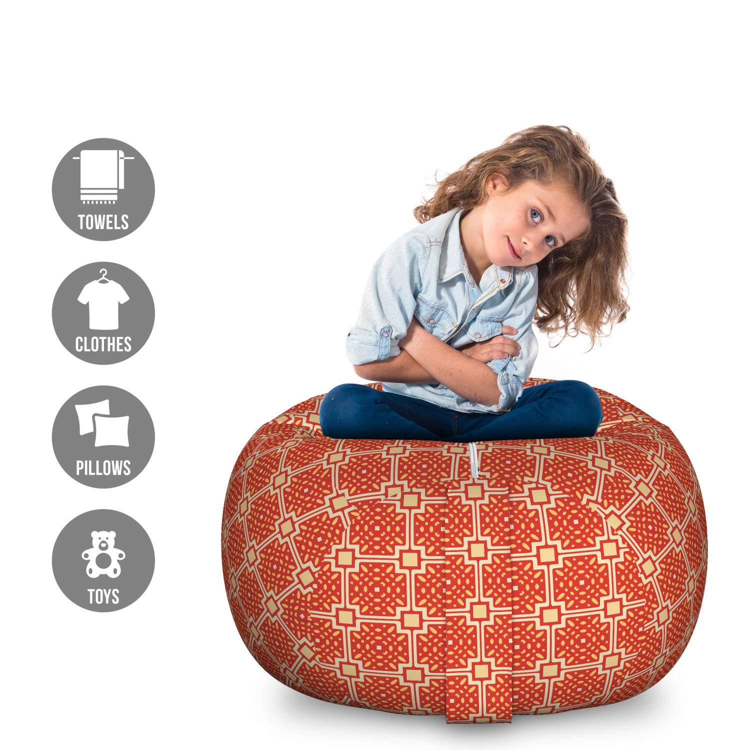 Ambesonne Large Washable Toy Storage Bag Chair - Retro Geometric Abstract Design in Pastel Brown Cinnamon - Perfect for Kids' Room Organization & Stuffed Animal Storage - Great for Playrooms, Bedrooms, and Nursery Decor