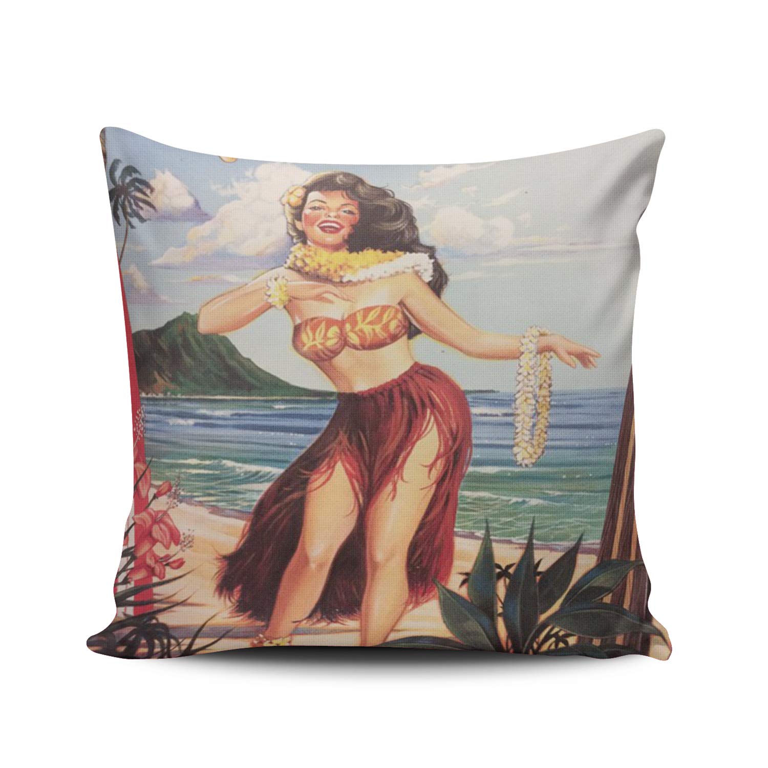 Hawaiian Hula Girl Beach Print Decorative Pillow Covers - Double Sided Modern Square Throw Pillow Cases 22x22 Inches for Sofa, Bed & Home Decor - Perfect for Tropical, Beach House or Luau Party Theme Decorations