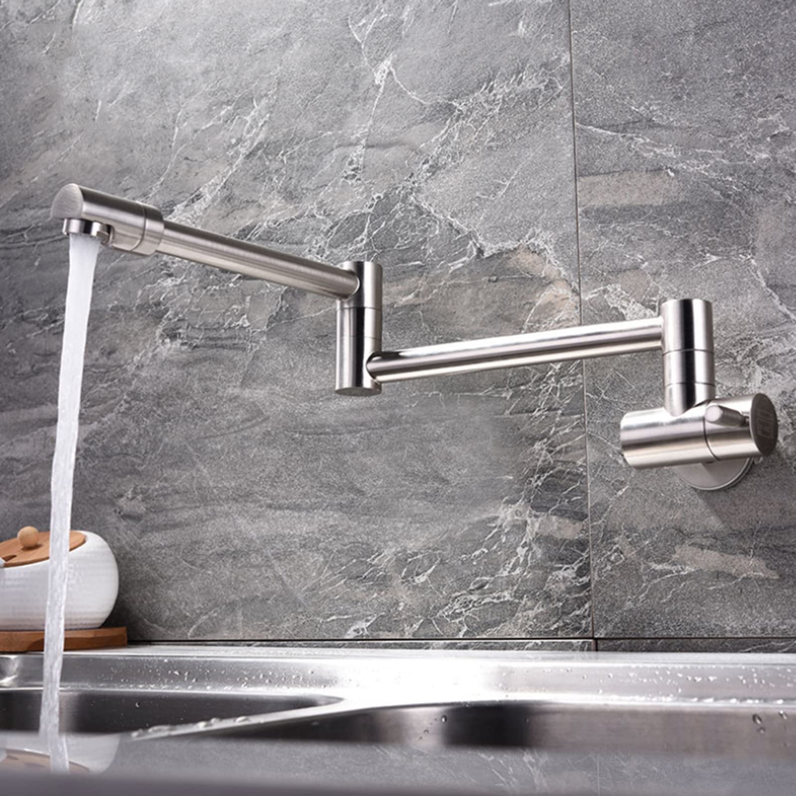 Stainless Steel Wall Mounted Pot Filler Kitchen Faucet with Swing Arm - Brushed Nickel Commercial Grade Single Handle Cold Water Folding Sink Faucet for Restaurant, Home Kitchen & Outdoor Cooking Areas