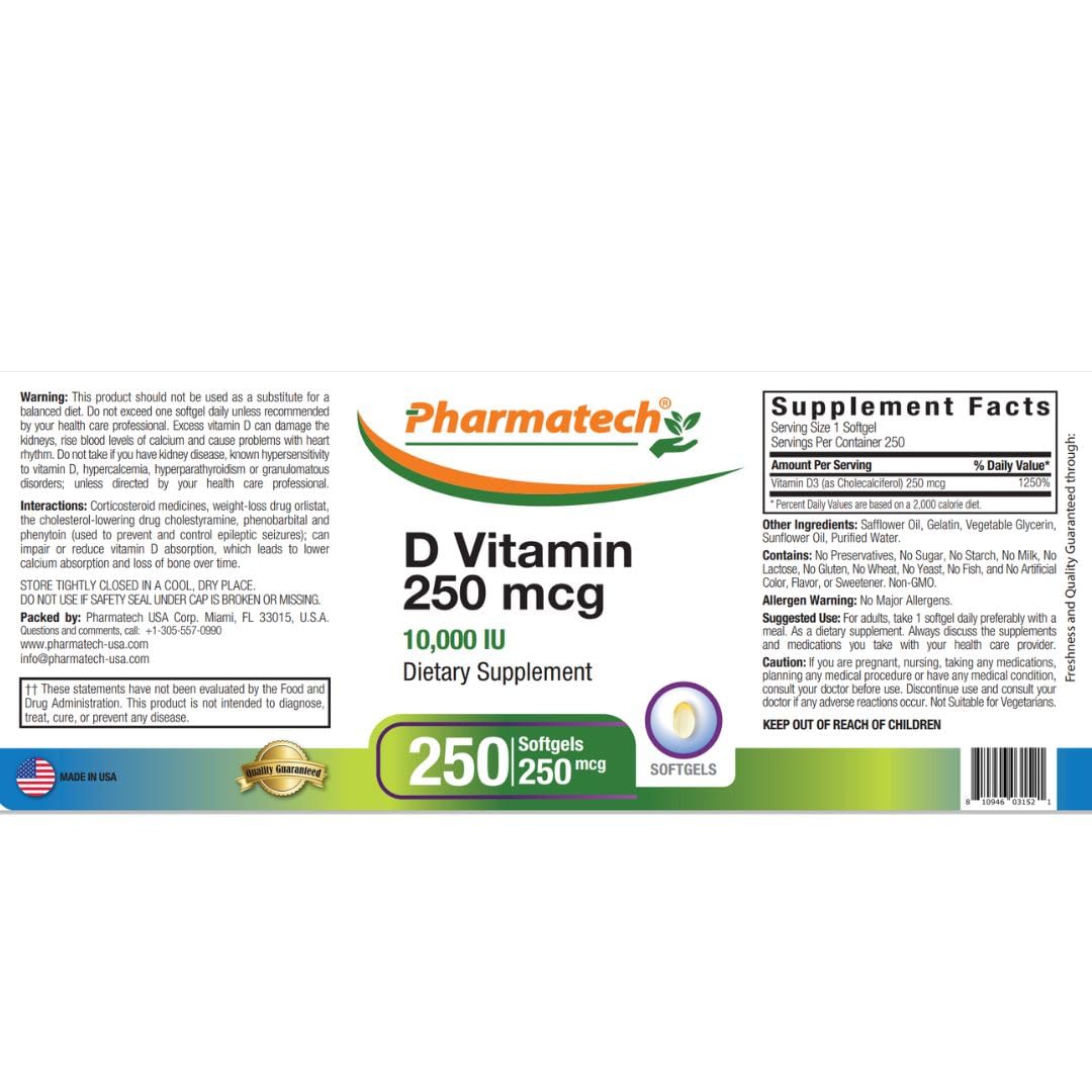 High Potency Vitamin D3 10000 IU (250 mcg) Softgels - Supports Immune System, Bone & Muscle Health - Gluten Free, Sugar Free - 250 Count - Ideal for Daily Wellness & Immune Support