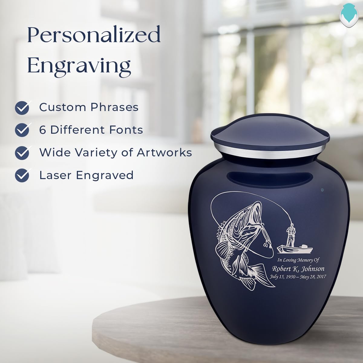 Personalized Fishing Cremation Urn for Human Ashes - Large Cobalt Blue Funeral Urn for Adults with Double Side Engraving - Holds Up to 200 lbs - Perfect for Memorial Services & Home Display