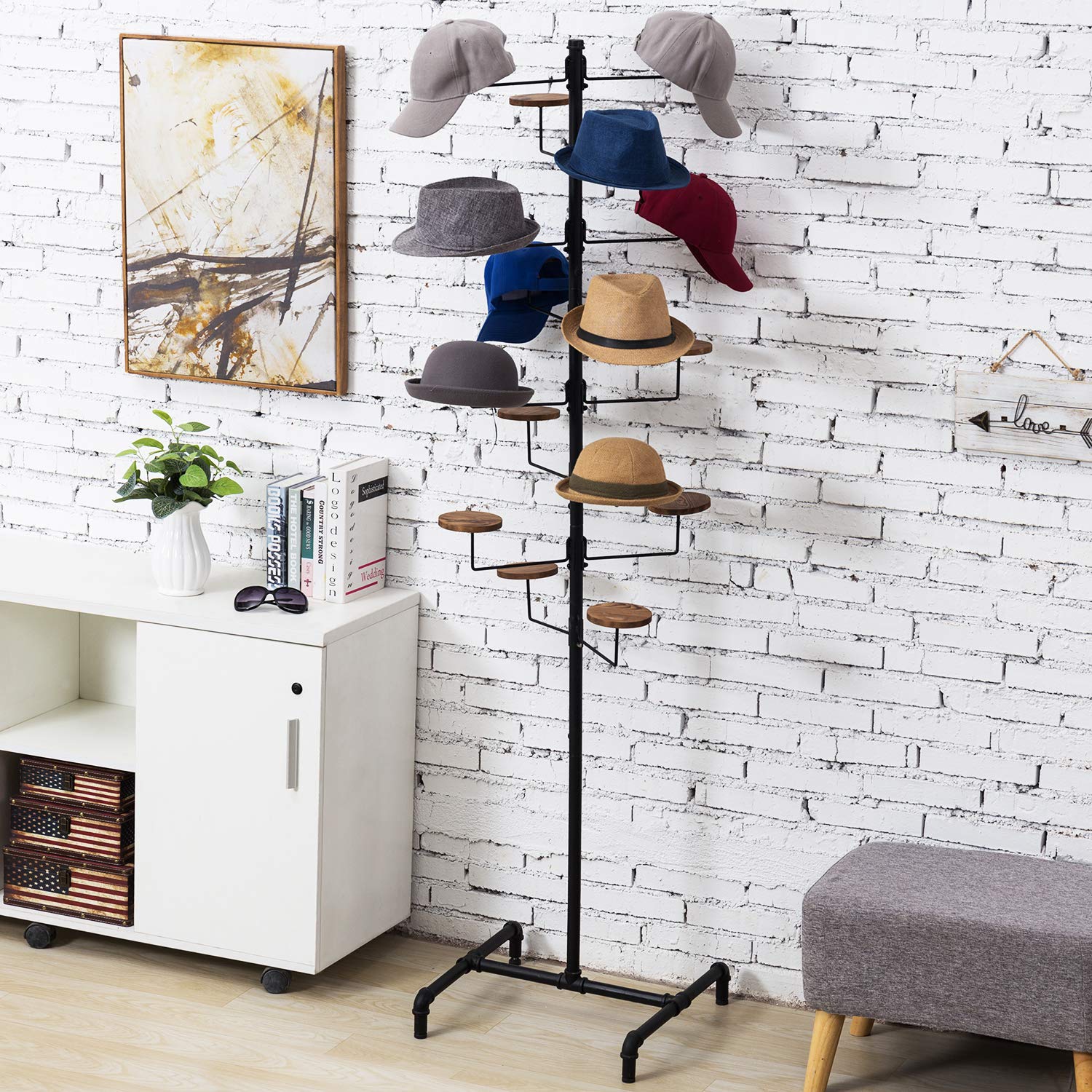 MyGift 16-Hook Industrial Black Metal Pipe Hat Display Rack - Freestanding Customizable Retail Hats & Wigs Stand with Rustic Wood Holders - Perfect for Boutiques, Clothing Stores & Home Decor