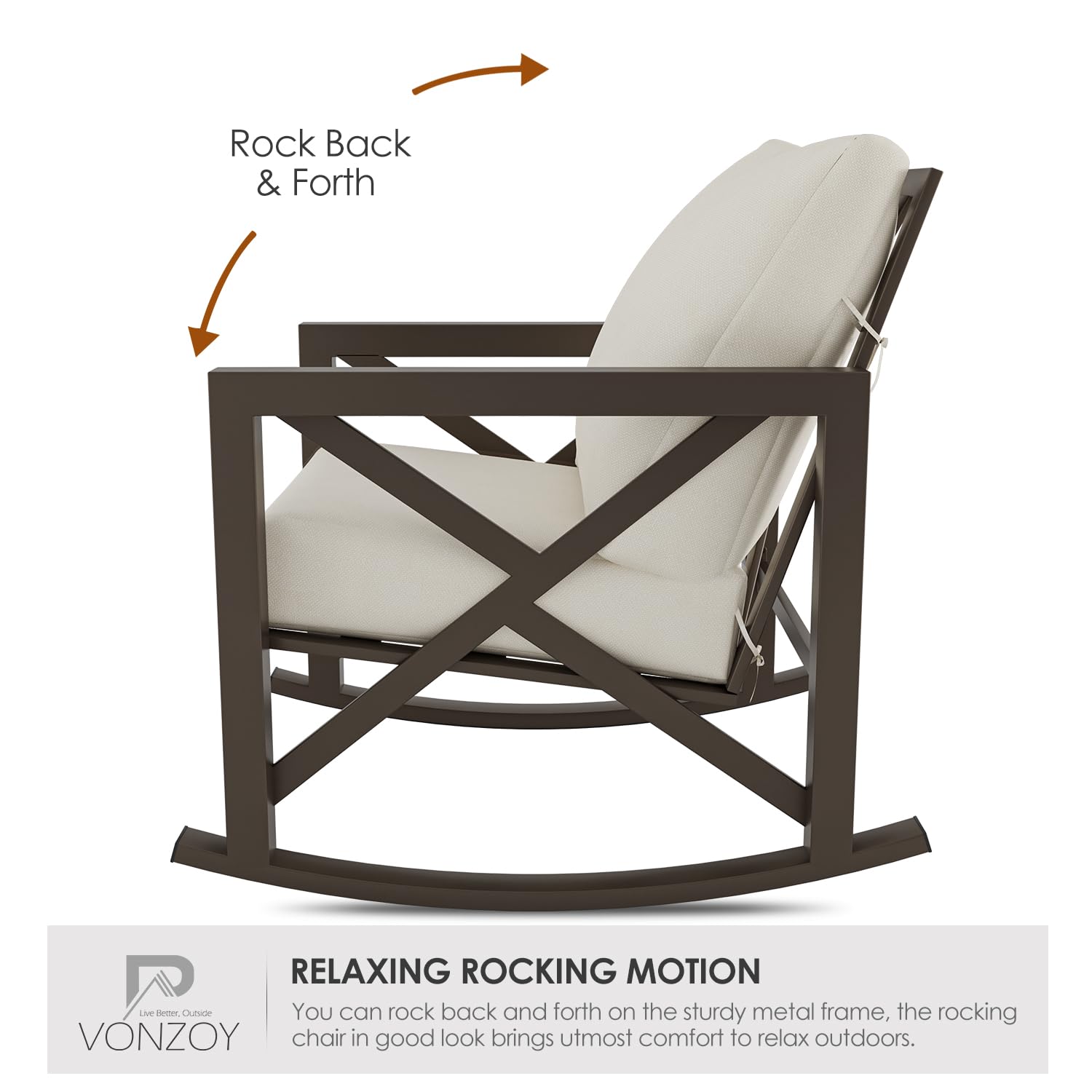 3-Piece Outdoor Rocking Bistro Set with 2 Rocking Chairs & Metal Coffee Table - Rattan Patio Furniture with Thick Cushions for Backyard, Porch, Poolside (Beige) | Perfect for Relaxing, Entertaining & Outdoor Dining