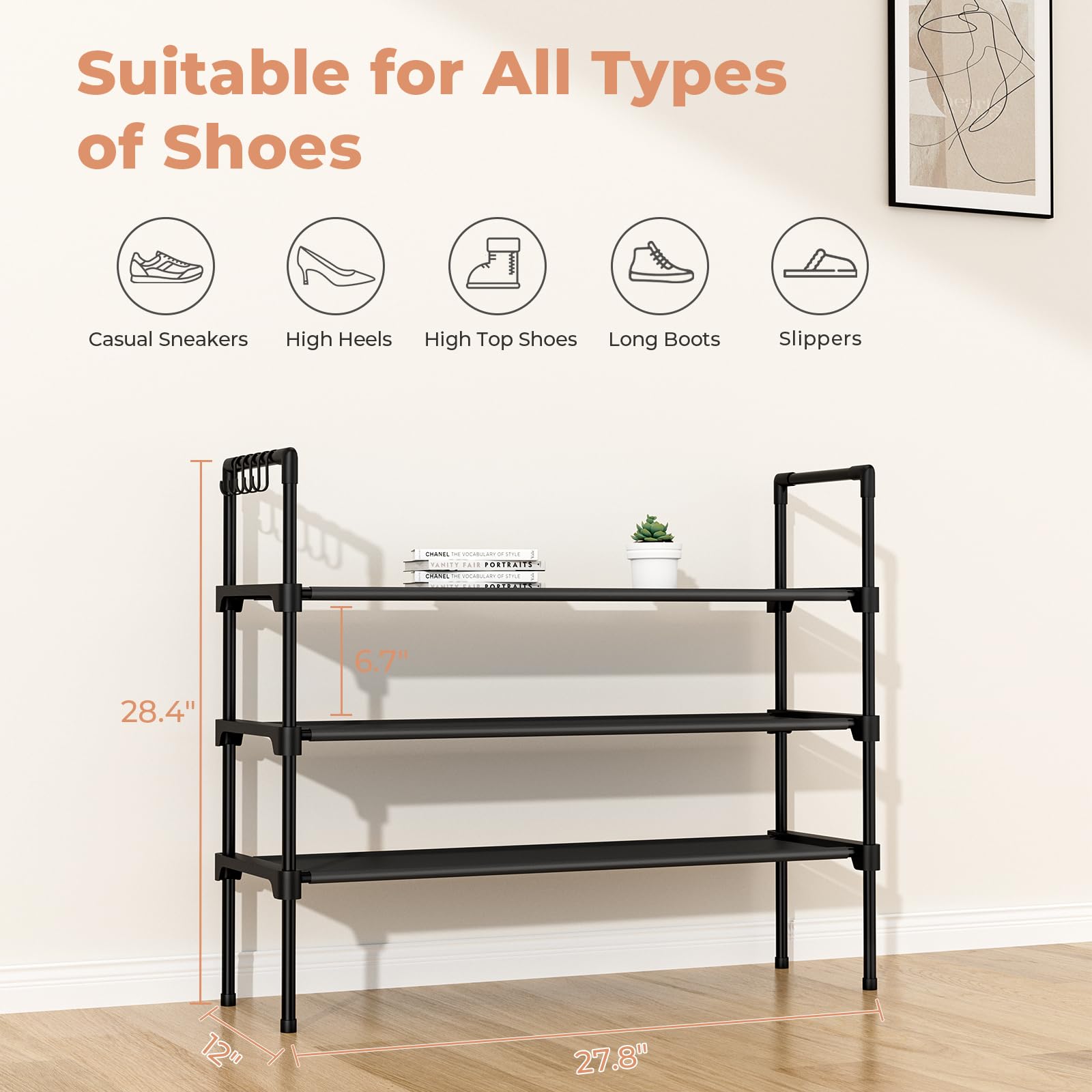 3 Tier Shoe Rack for Closet - Space Saving Shoe Organizer with 5 Hooks, Stackable Free Standing Shoe Shelf for Entryway, Garage, Dorm & Small Spaces - Perfect for Boots, Sneakers & Heels Storage (Black) | Ideal for Home, Office & Apartment Organization