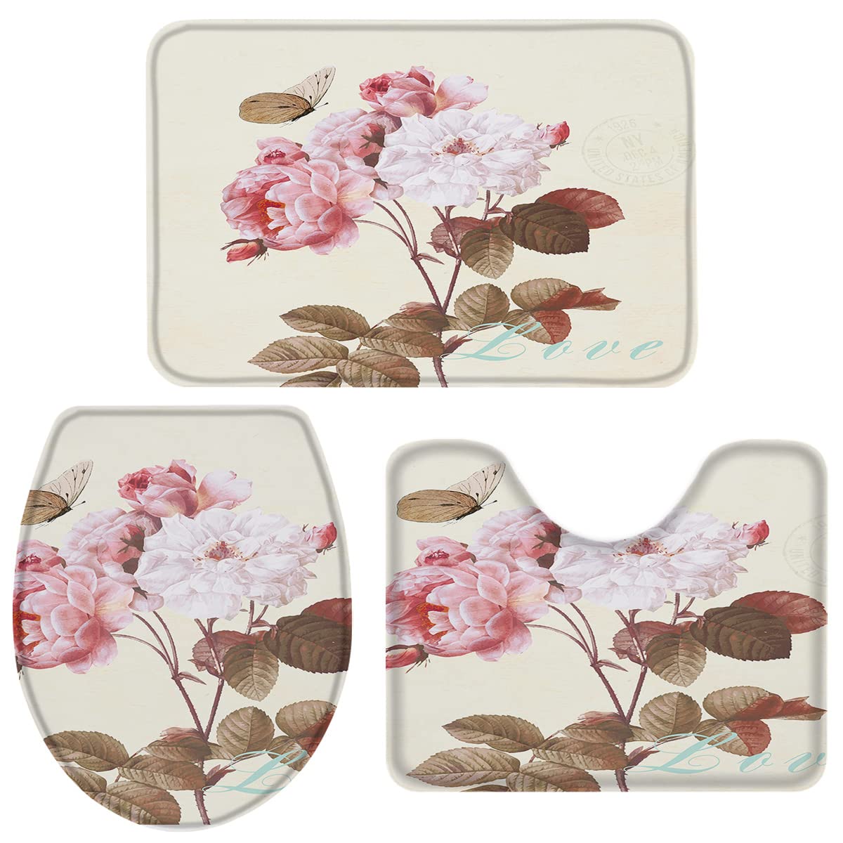 Vintage Floral Butterfly 3-Piece Bathroom Rug Set - Non-Slip Toilet Seat Cover, Contour Mat & Pedestal Mat for Small Bathrooms | Soft & Absorbent Bath Mats for Vintage Style Home Decor