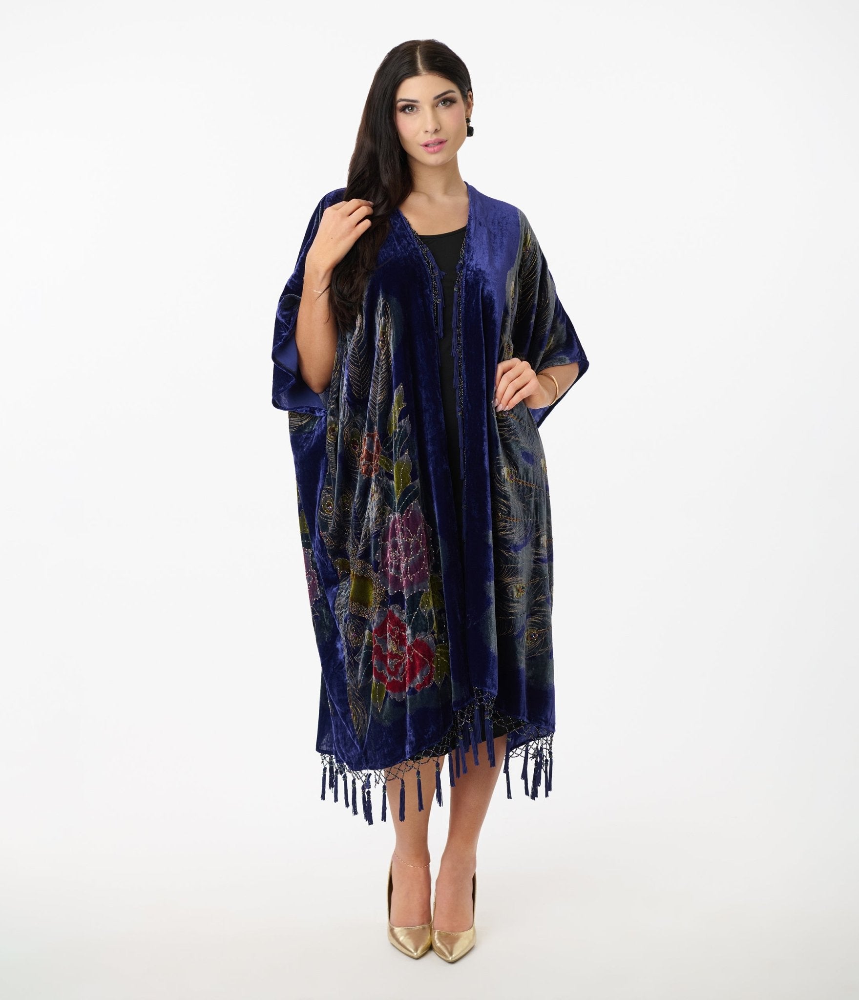 1920s Vintage Deep Blue Velvet Beaded Peacock Fringe Scarf Coat - Roaring 20s Gatsby Flapper Dress Accessory for Costume Parties & Burlesque Shows
