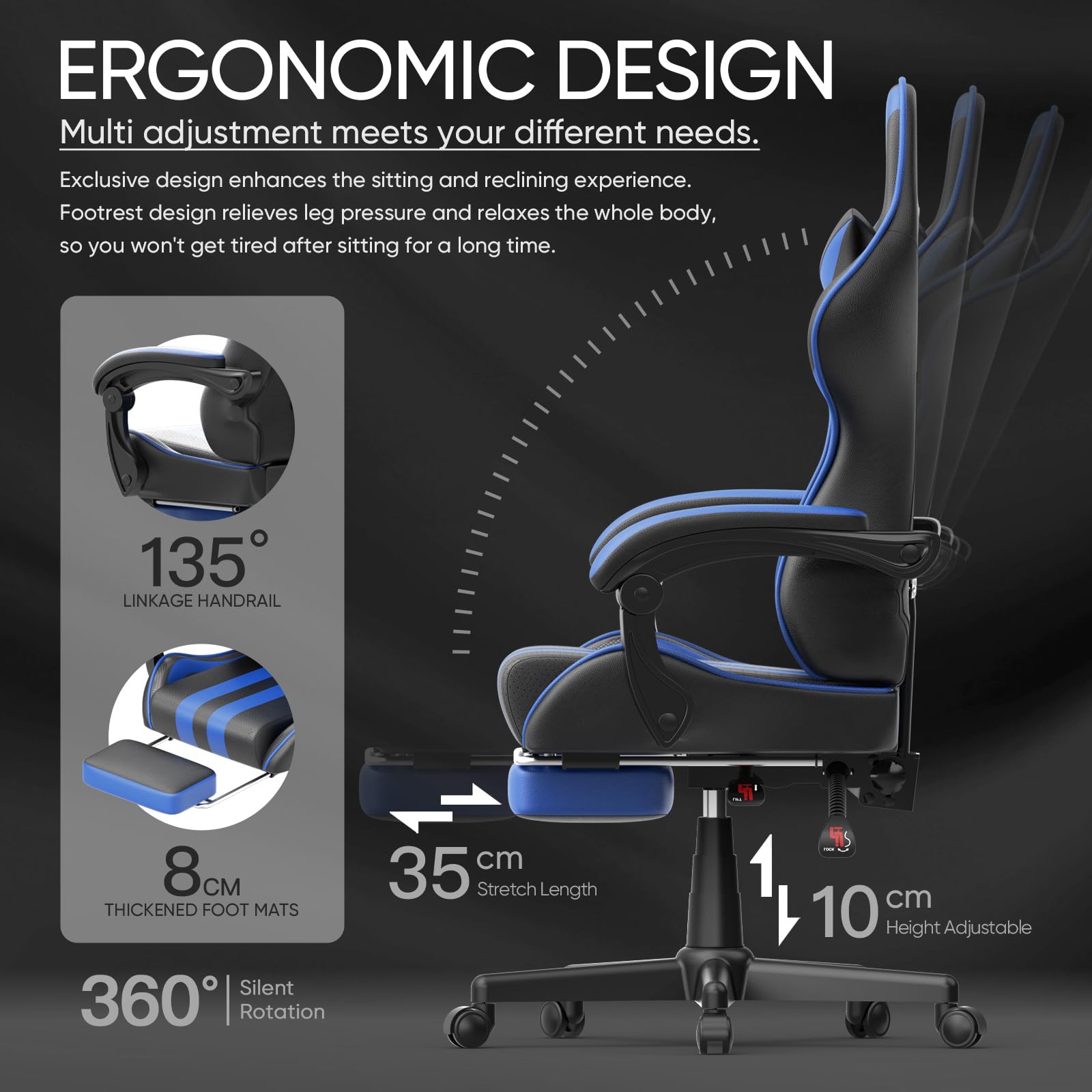 Ferghana Blue Ergonomic Gaming Chair with Adjustable Footrest - High Back PC Computer Game Chair for Adults & Teens - Perfect for Streaming, Esports & Office Work