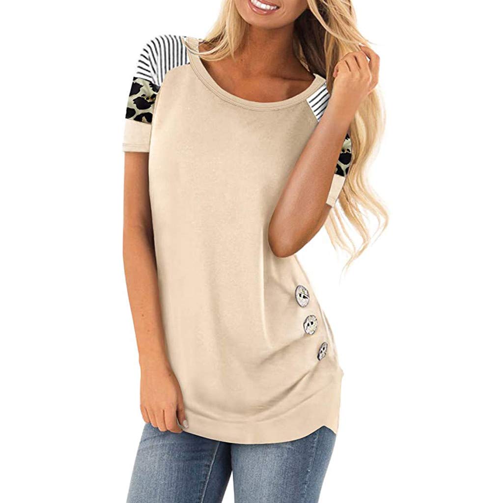 Plus Size Women's Leopard Print Short Sleeve Tunic Top - Loose Fit Summer Blouse for Casual Wear & Vacation Outfits