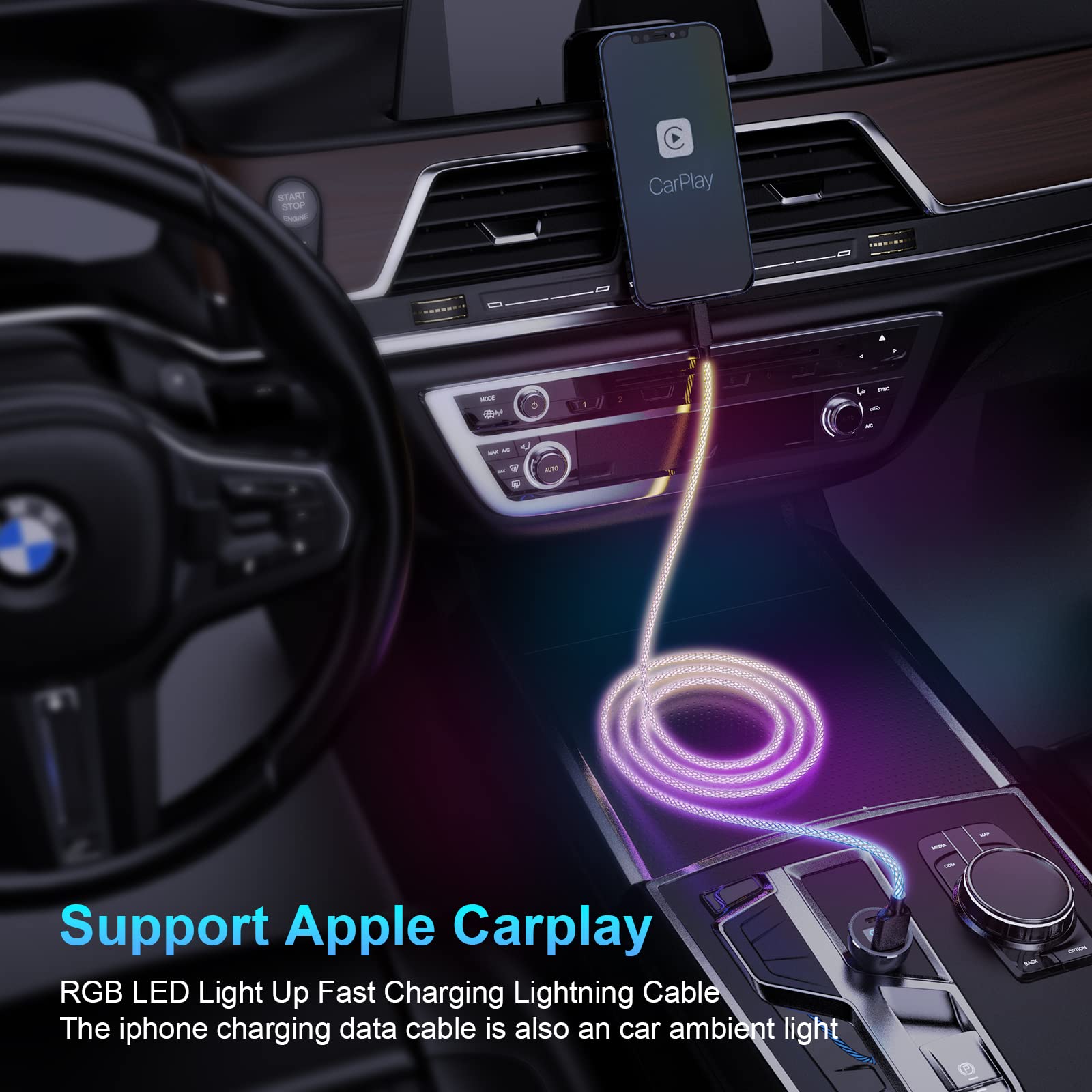Apple 20W Fast Charging LED Lightning Cable - 3FT MFi Certified USB to Lightning Data Sync Cable for iPhone 13/12/11/X/8/7, iPad & CarPlay | Quick Charge & Nighttime Visibility | Perfect for Home, Office & Car Use