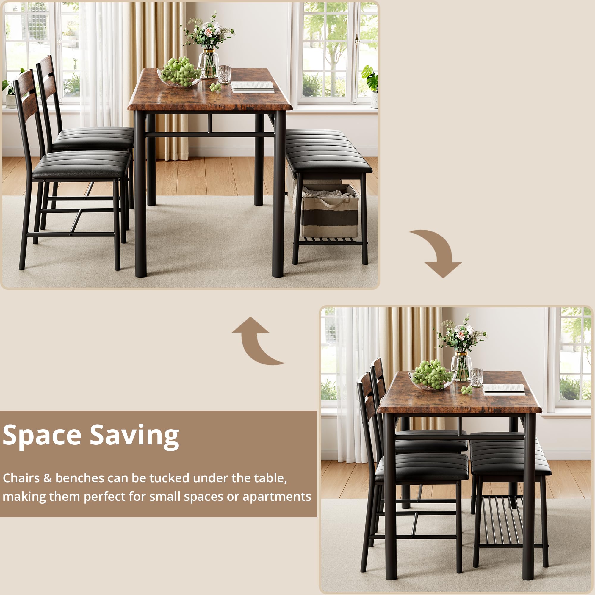 IRONCK 4-Piece Rustic Brown Dining Table Set with Upholstered Bench & 2 Chairs - Compact Kitchen Table for Small Spaces, Apartments - Perfect for Breakfast Nooks, Cozy Meals & Entertaining Guests