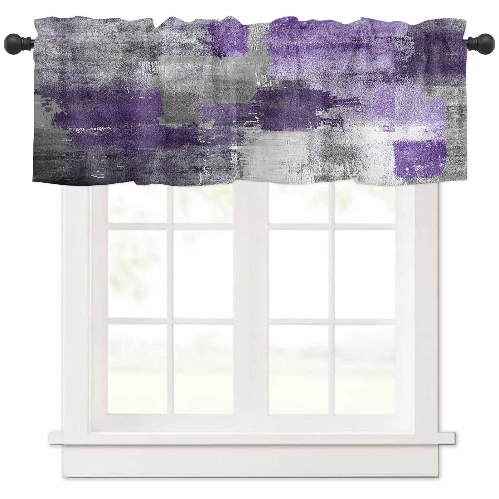 Abstract Geometric Window Valance - 54 x 18 Inch Rod Pocket Curtain Topper in Purple, Gray & White | Modern Art Drapes for Kitchen, Cafe & Living Room Decor | Perfect for Home, Office & Restaurant Window Treatments
