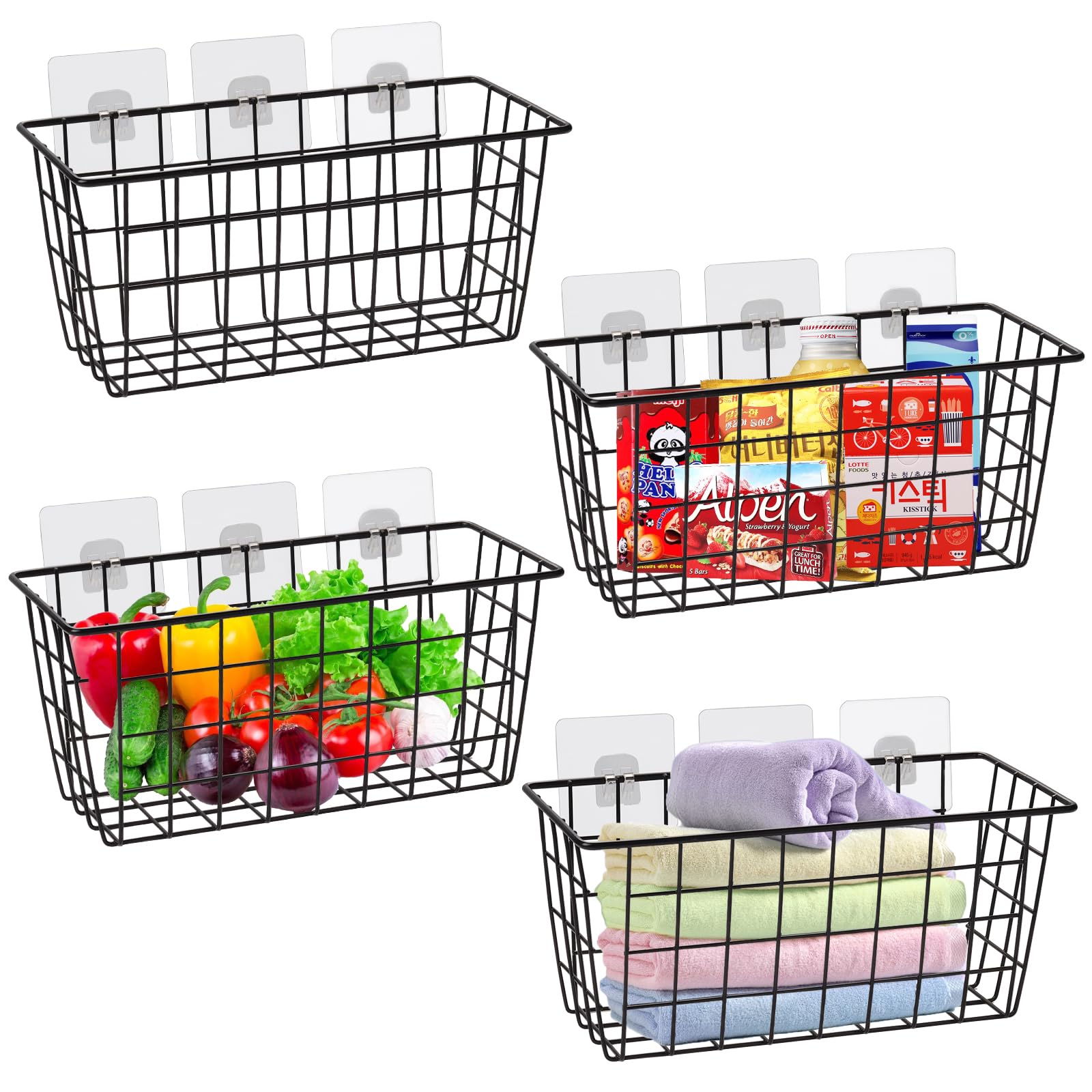 4-Pack Adhesive Wall Mounted Hanging Kitchen Baskets - No Drill Small Wire Storage Baskets for Pantry, Bathroom & Shelf Organization - Perfect for Spices, Utensils & Toiletries Storage
