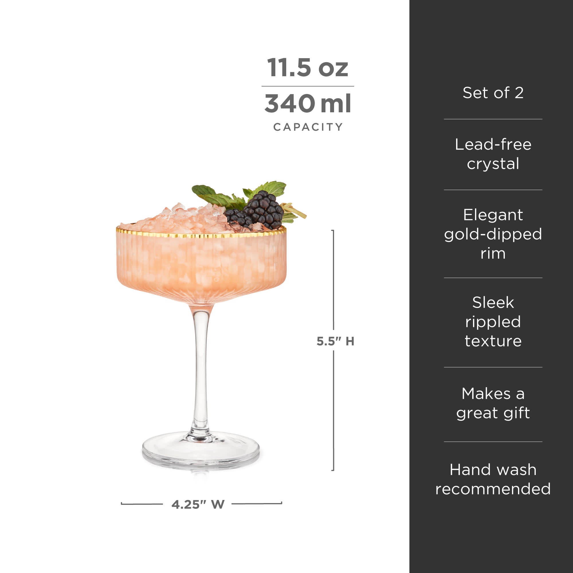 Premium Meridian Crystal Coupe Glasses Set of 2 - Elegant Stemware for Champagne, Cocktails & Wine - Perfect for Weddings, Anniversaries & Dinner Parties