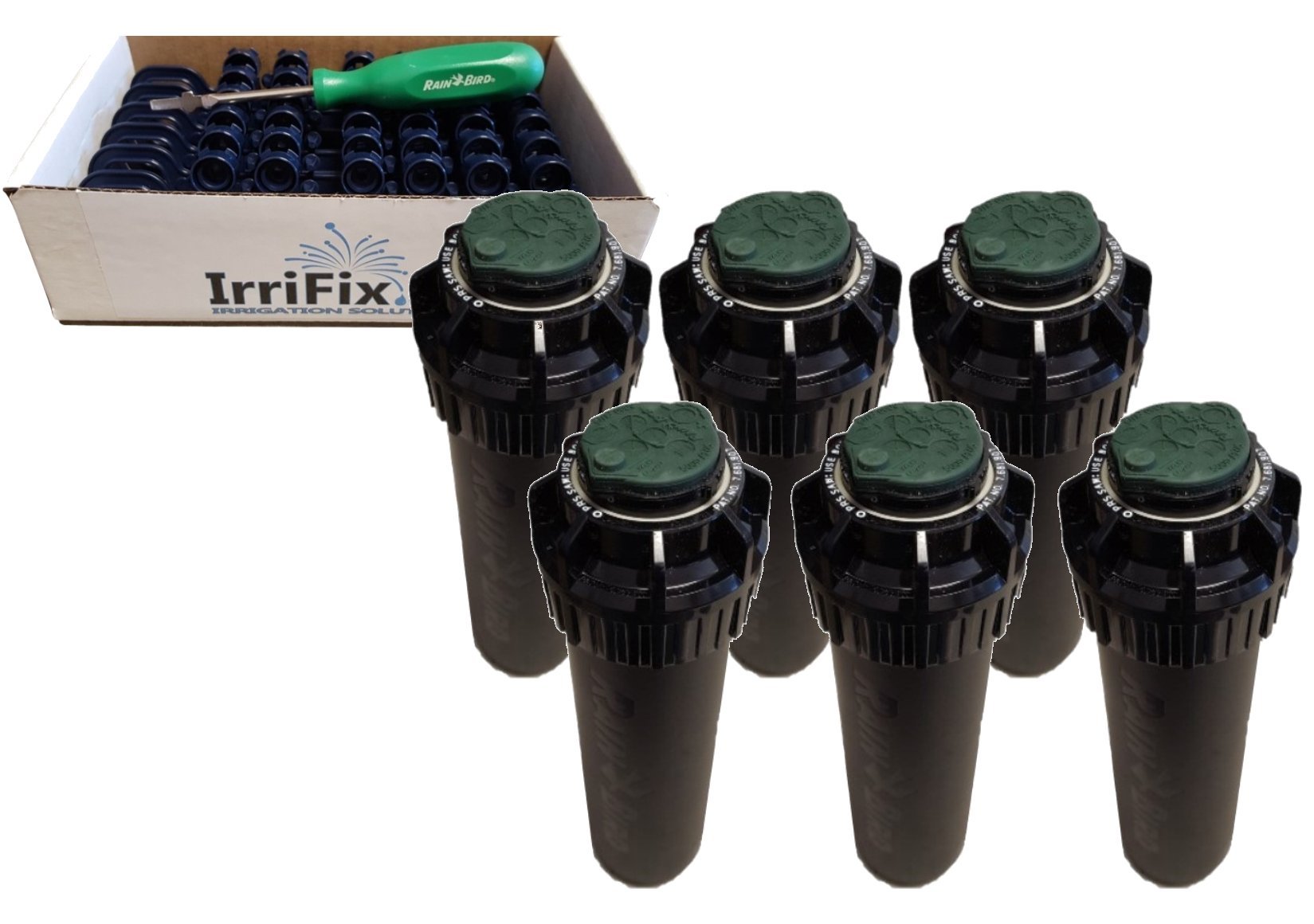 Rain Bird 5000 Plus Series Pressure Regulator Seal-A-Matic Sprinkler Heads Bundle - 6 Pack 5004+PCSR SAM Rotors with IrriFix Nozzle Box | Includes 6 Nozzle Trees & Rotor Tool Screwdriver | Perfect for Lawn Irrigation & Garden Watering Systems