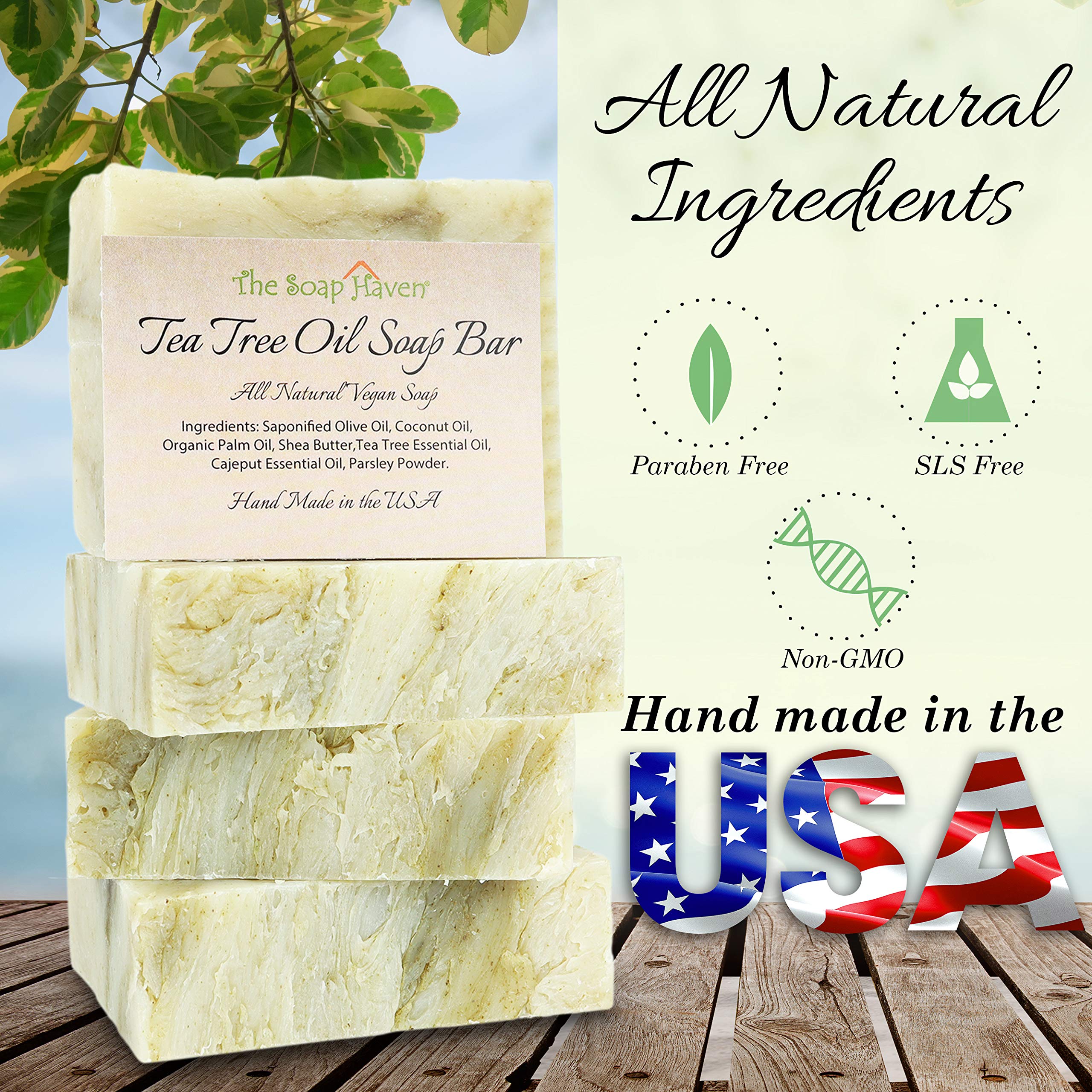 4 Pack Tea Tree Oil Soap Bars with 4 Mesh Soap Saver Bags - Natural Acne Treatment & Exfoliating Body Wash for Clear Skin - Perfect for Shower, Bath, and Travel